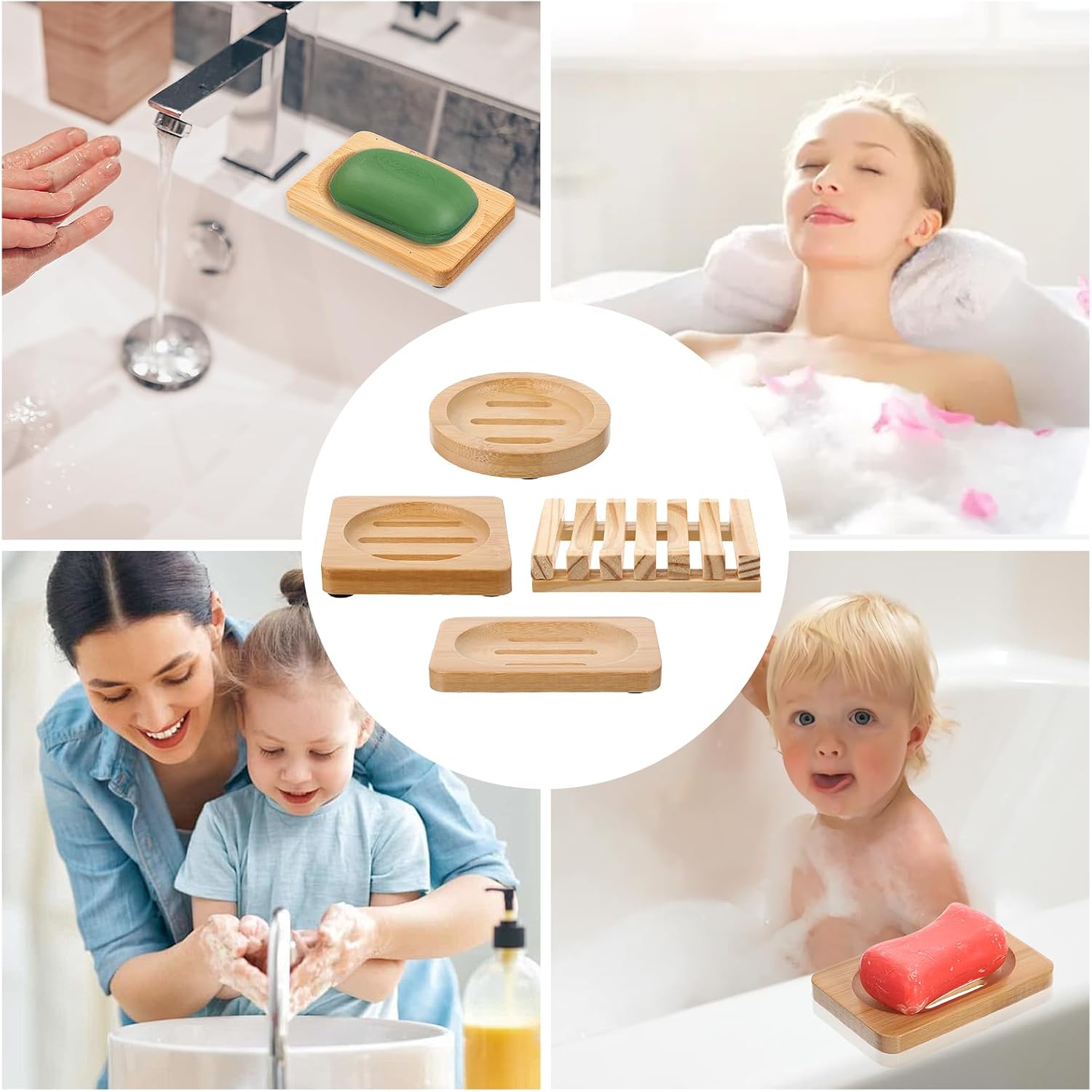 12 Pcs Bamboo Soap Dishes, Round, Square, Rectangular & Natural Wooden Soap Trays, Self-Draining Non-Slip Shampoo Bar Holders for Bathroom, Kitchen (4 Styles)
