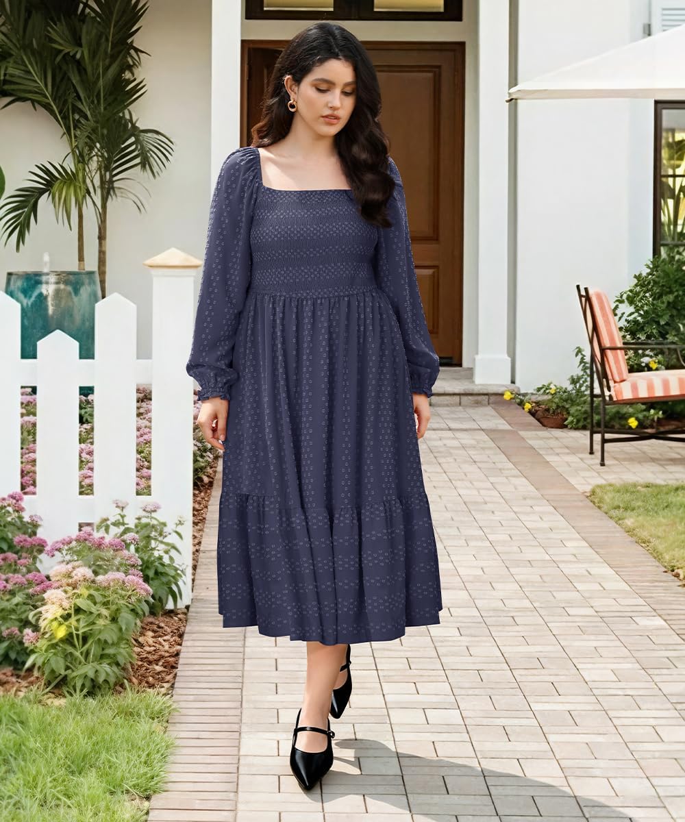 RITERA Plus Size Fall Dresses for Curvy Women Maxi Wedding Guest Long Sleeve Smocked Swiss Dot Winter Dress Pockets XL-5XL - Image 4