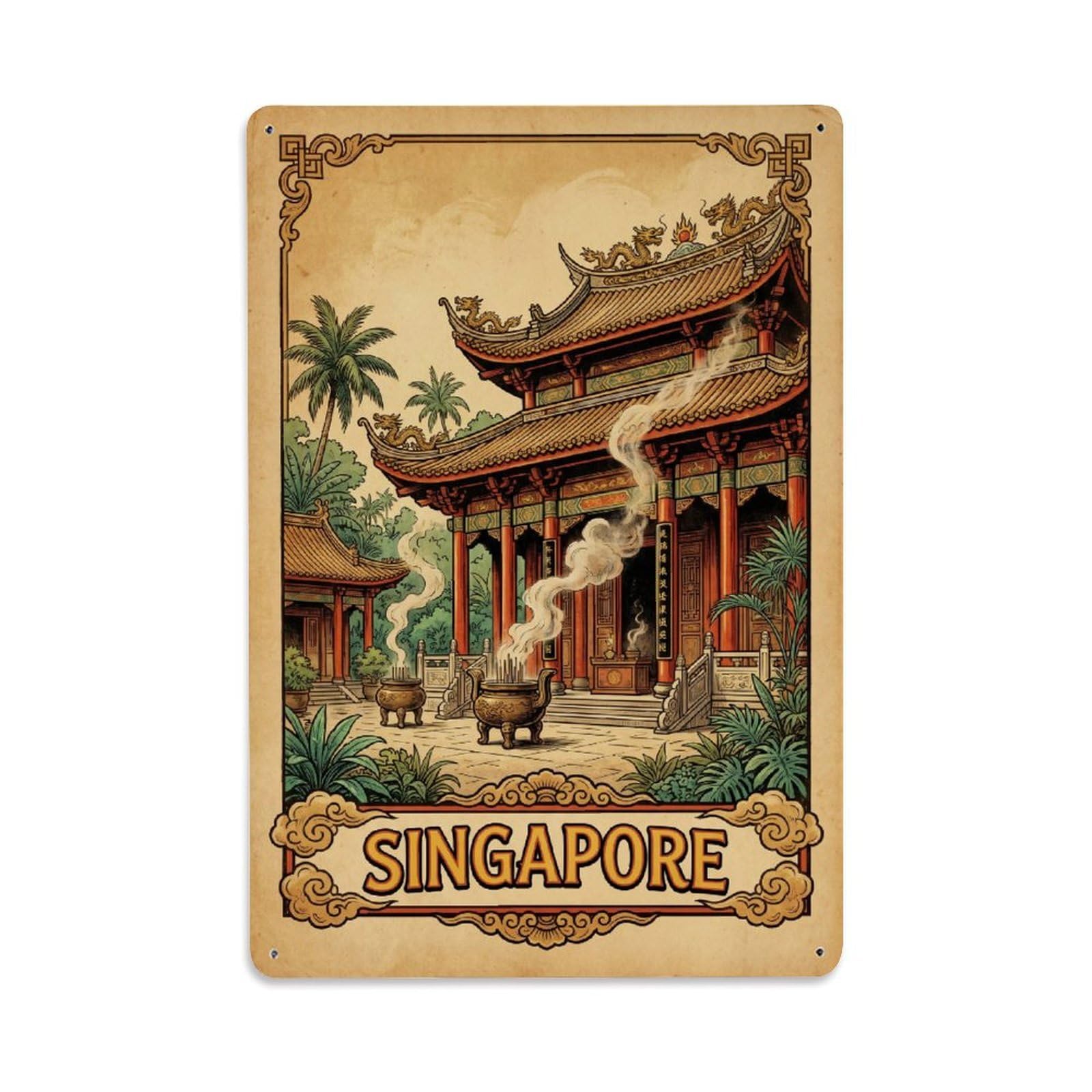 Huiyhb 8X12inch(20X30cm) Vintage Travel Singapore Temple Metal Tin Sign
