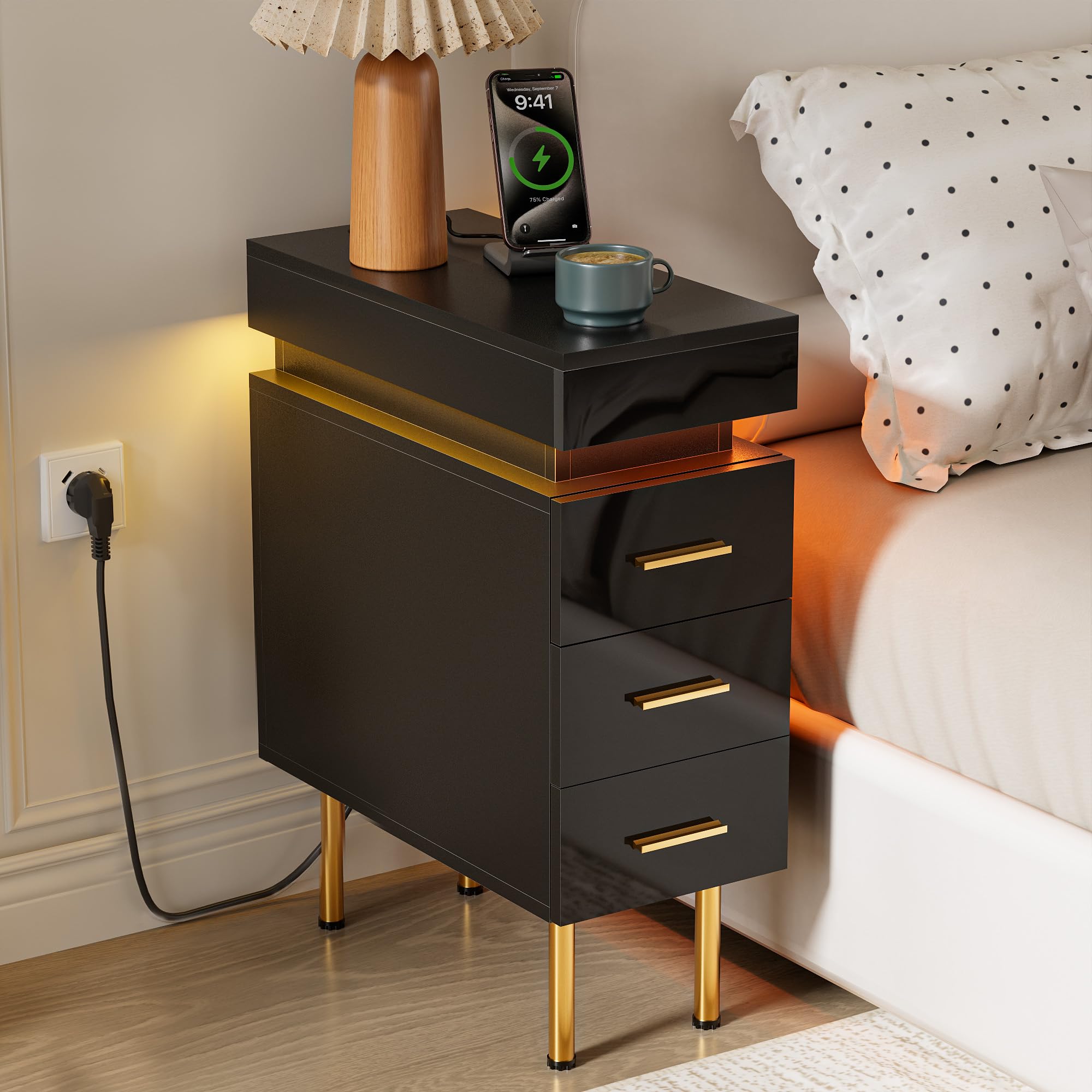 Ztexkee Slim Bedside Table with Power Socket Narrow Bedside Table with RGB Light Strip Nightstand with 3 Drawers and 1 Secret Compartment 25x50x67 cm Bedside Tables for Bedroom, Living Room Black