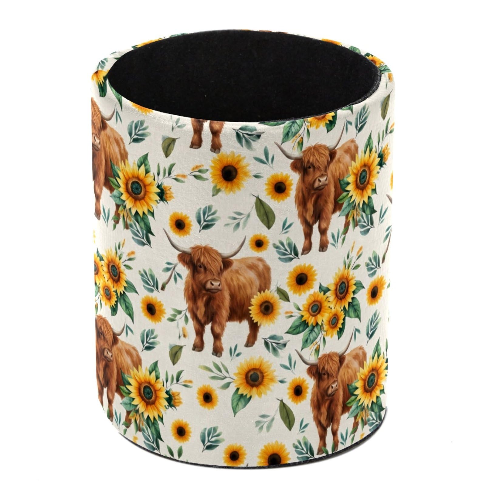 HEOEH Highland Cow Sunflower Pen Holder for Desk, PU Leather Pencil Holder Pen Cup Marker Holder Makeup Brush Holders, Desk Accessories & Workspace Organizers for Home, Office