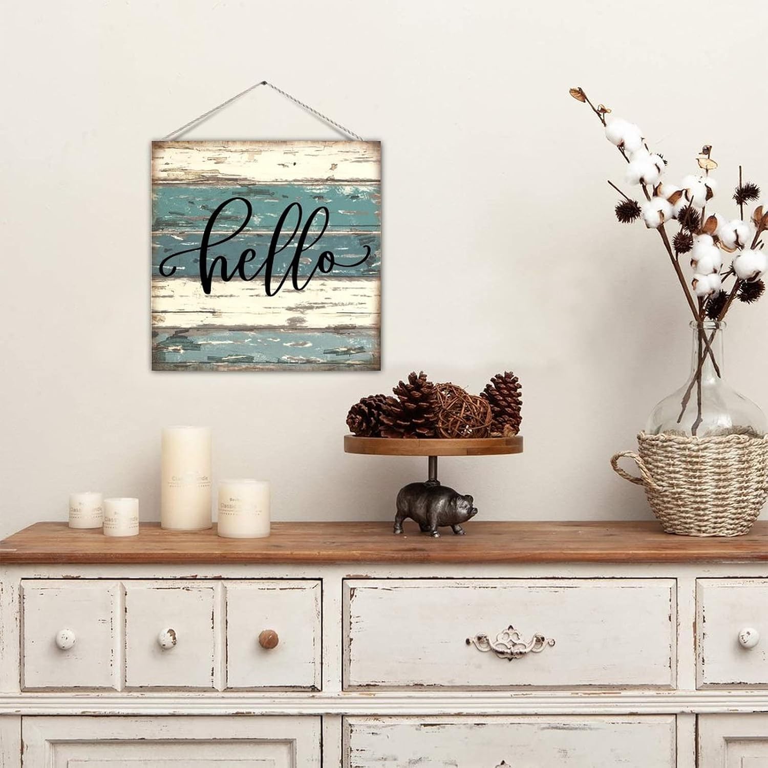 Decorative Wooden Sign Plaque Front Door Welcome Sign Hello Rustic Wood Plank Board Wall Pediment Country Farmhouse Wall Decorations for Yard Porch Rustic Farmhouse Decorations 12x12in