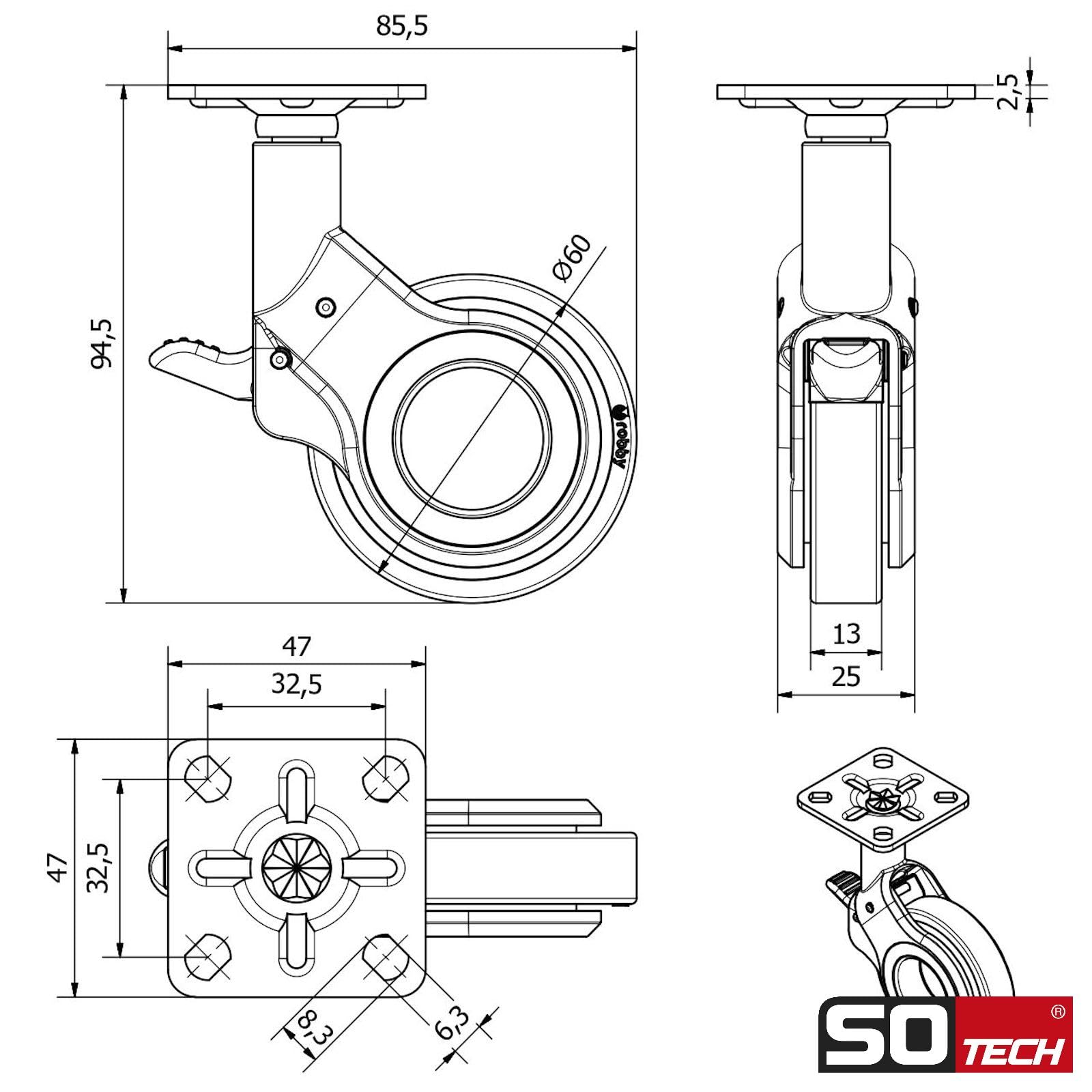 SOTECH Set Möbelrollen BERLIN Ø 60 mm chrom/schwarz 2 x mit und 2 x ohne Bremse (Feststeller) inkl. Schraubenset Belastbarkeit bis 240 kg (60 kg pro Transportrolle)