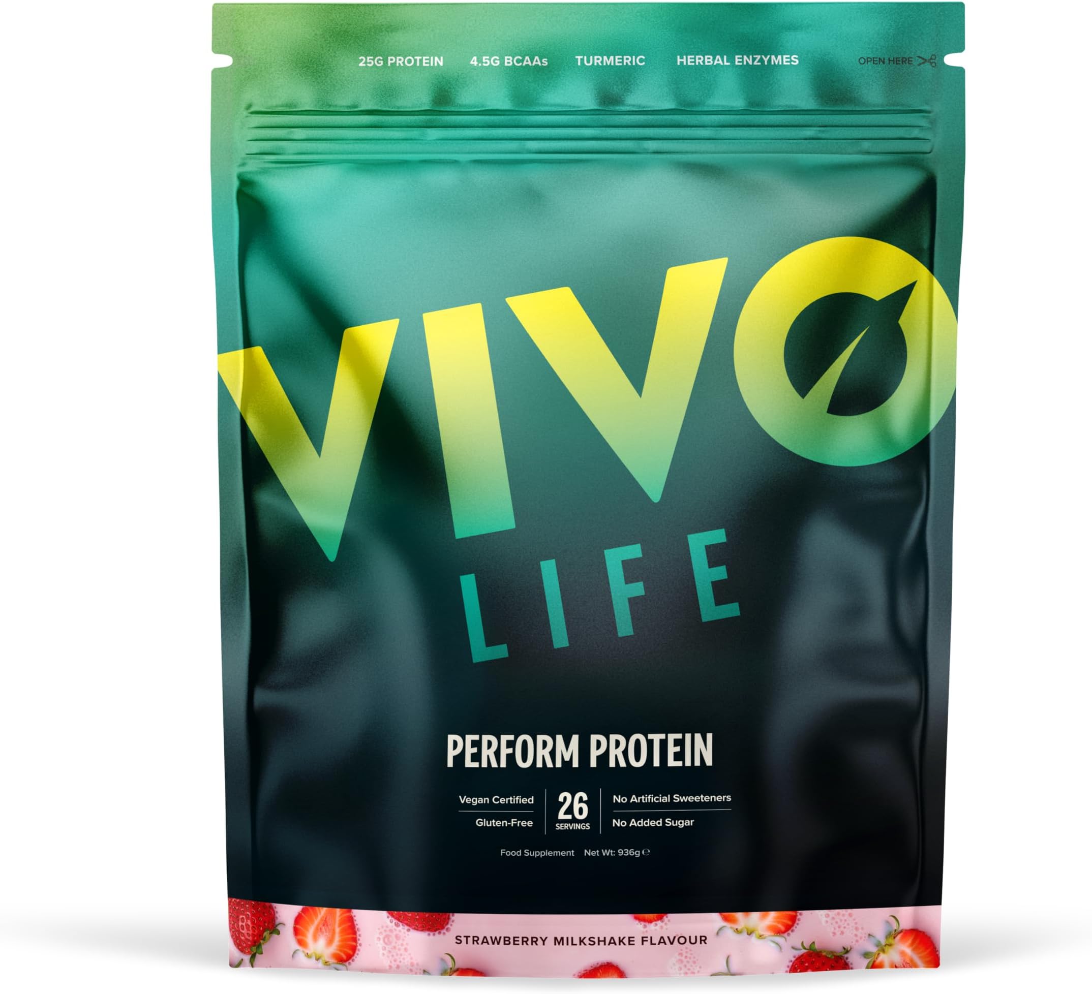 – Vivo life Perform Plant Protein Powder | 25g Protein with BCAAs, Iron, Zinc, Turmeric & Herbal Enzyme Blend | Lactose Free & Easy to Digest, Plant-Based Nutrition | Strawberry Milkshake - 26 Servings