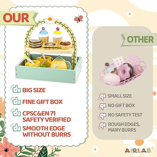 Miniatura 7 de Juego de té de madera para niñas pequeñas, juego de té con soporte para cupcakes y accesorios de cocina de alimentos, juguetes de madera para niños