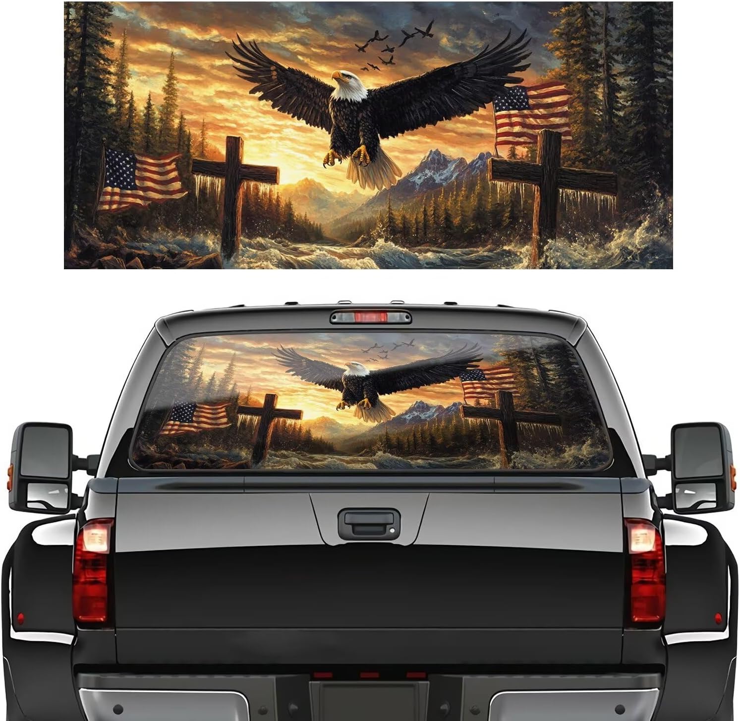 American Eagle Truck Rear Window Decals, American Flag Truck Back Window Graphic Decal Christian Cross Perforated Vinyl, 66"x20" Pickup Sticker Automotive Decals