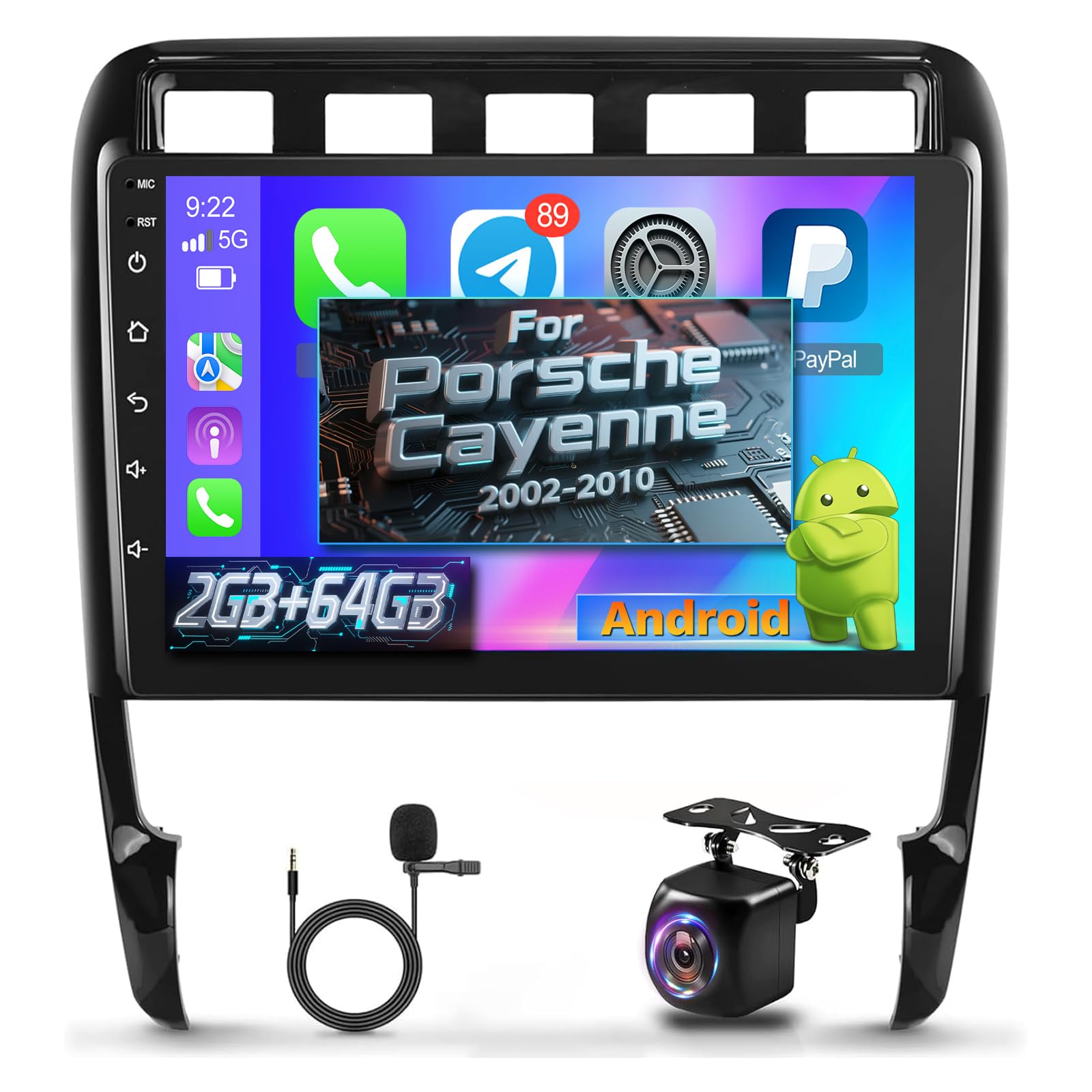Android 13 Radio Coche para Porsche Cayenne 2002-2010 con Apple Carplay y Android Auto 9inch Pantalla táctil Estéreo de Coche Navegación GPS Hi-Fi + AHD Cámara de Respaldo y micrófono