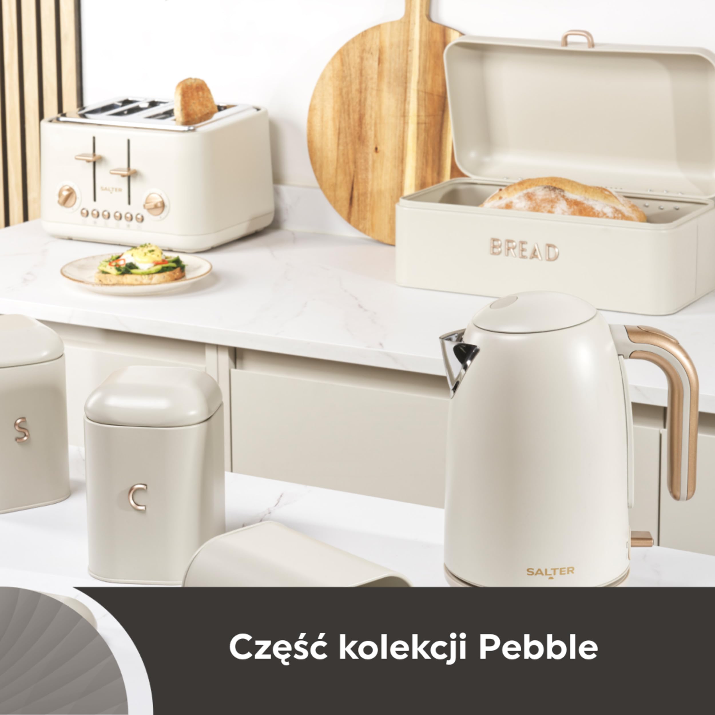 Toster Salter Pebble na 4 kromki – Szerokie otwory z wysokim podnoszeniem, 6 poziomów opiekania, wyjmowana tacka na okruchy, funkcje rozmrażania/podgrzewania/anulowania, kolor kamienny