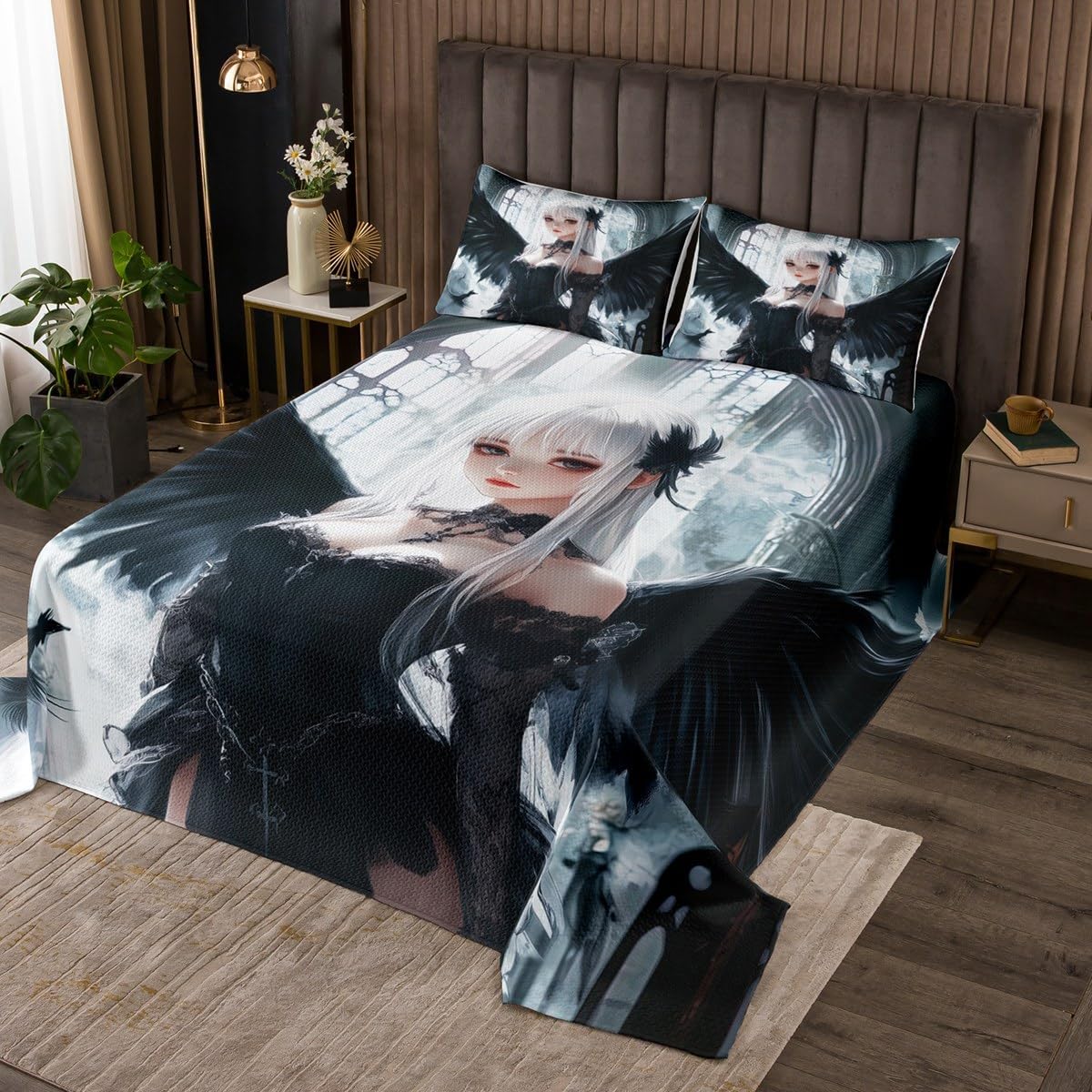 Erosebridal Anime Girl Bedspread Queen Size, Kawaii Japanese Anime Quilt Set for Kids Boys Teens Adult, Cartoon Girl Coverlet Set Japan Animation Bedroom, Machine Washable, Black White
