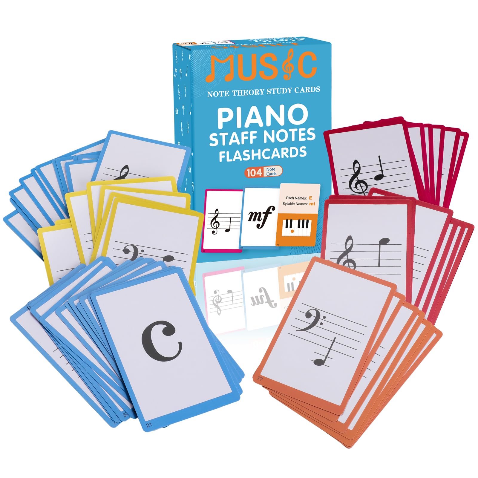 Music Flash Cards, 104 Piano Flash Cards - Basic Music Symbols,Staff Notation, Pitch/Syllable Names, Keyboard Position, Flat/Sharp,Education Cards for