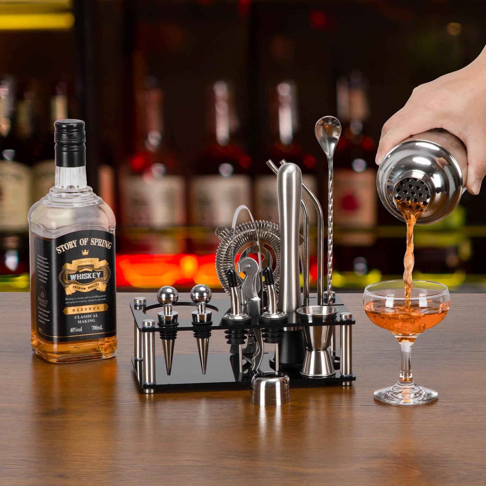 Cinnani Shaker Cocktail Set Professionale con Supporto,15 pezzi cocktail set kit in Acciaio Inox,Kit Cocktail 750ml,professionale barman set,Cocktail Shaker Set