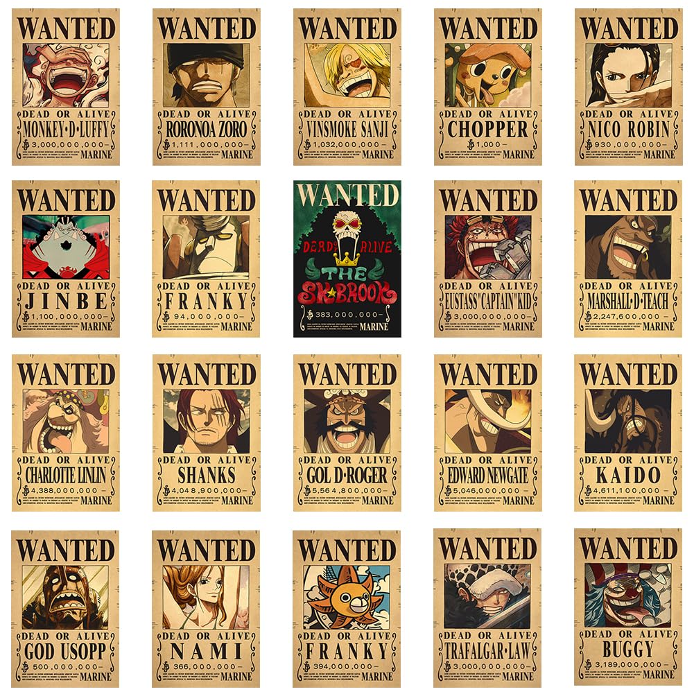FISAPBXC OnePiece Wanted Poster, West Poster, Kraft Paper Animation Wanted Order, Decorative Painting Wall Art, Modern Family Bedroom Decor, 20 PCS