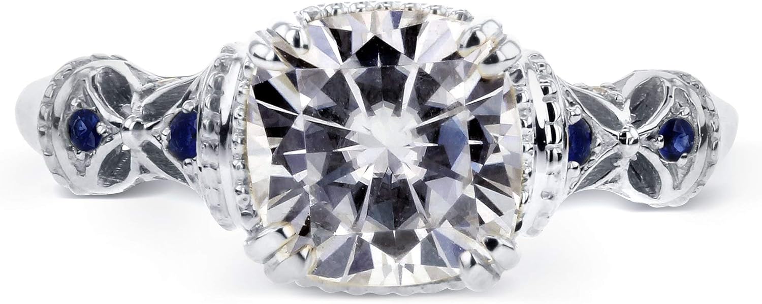 Kobelli Antique Style Cushion-cut Moissanite (GH) Engagement Ring with Blue Sapphire 1-3/4ct TGW 14k White Gold