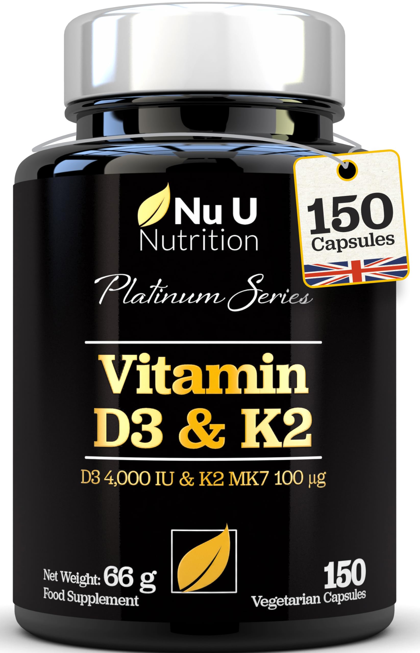 Vitamin D3 4000 IU and Vitamin K2 MK7 100μg - 150 Vegetarian Capsules - 5 Month Supply - High Strength Vitamin D K2 Supplement - Made in UK - Nu U Nutrition