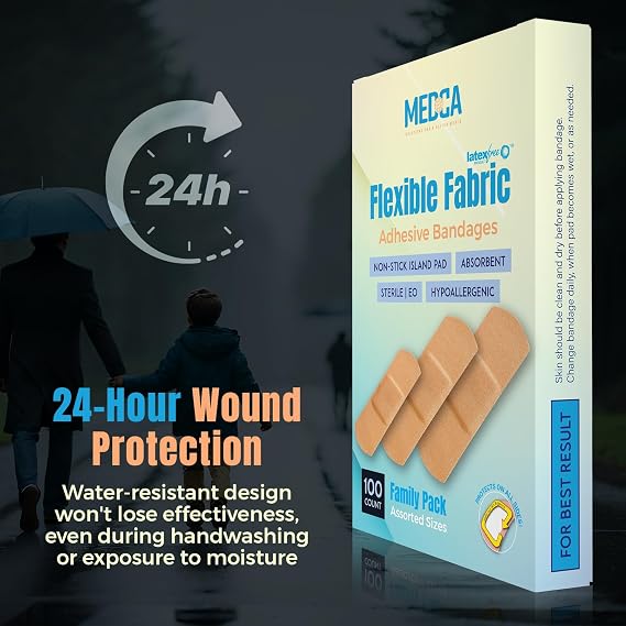 Flexible Fabric Adhesive Bandages for Comfortable Flexible Large Protection & Wound Care of Minor Cuts, Scrapes, Wounds, Assorted Sizes (2-1/4x5/8, 3 x3/4, 3x1) - 100 Count Box