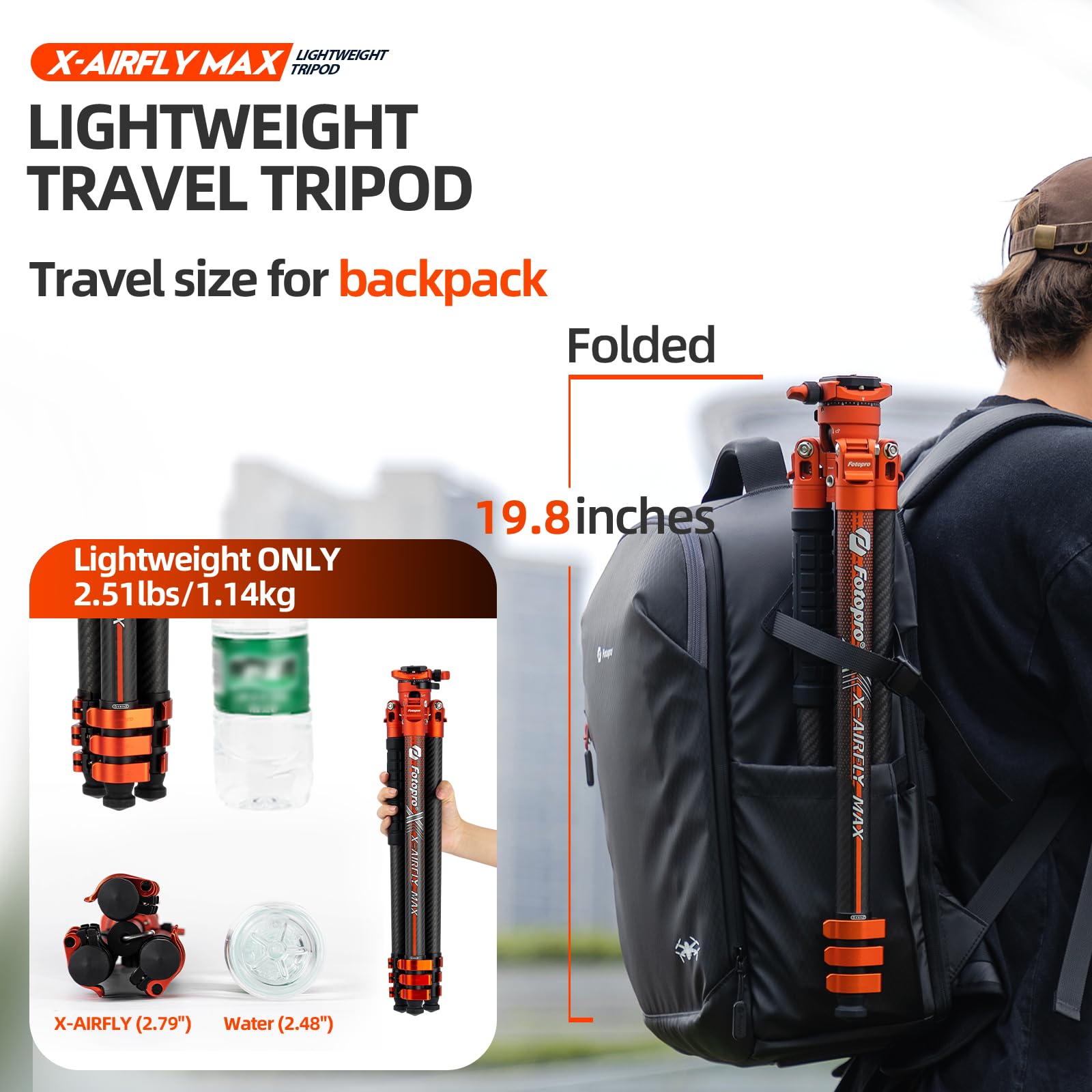 Fotopro X-AIRFLY Max Trípode de fibra de carbono de 65.4 pulgadas con bloqueo abatible, trípode de fotografía sin esfuerzo, monopié, ligero, estable, expandible, 3 libras, trípode portátil para cámara