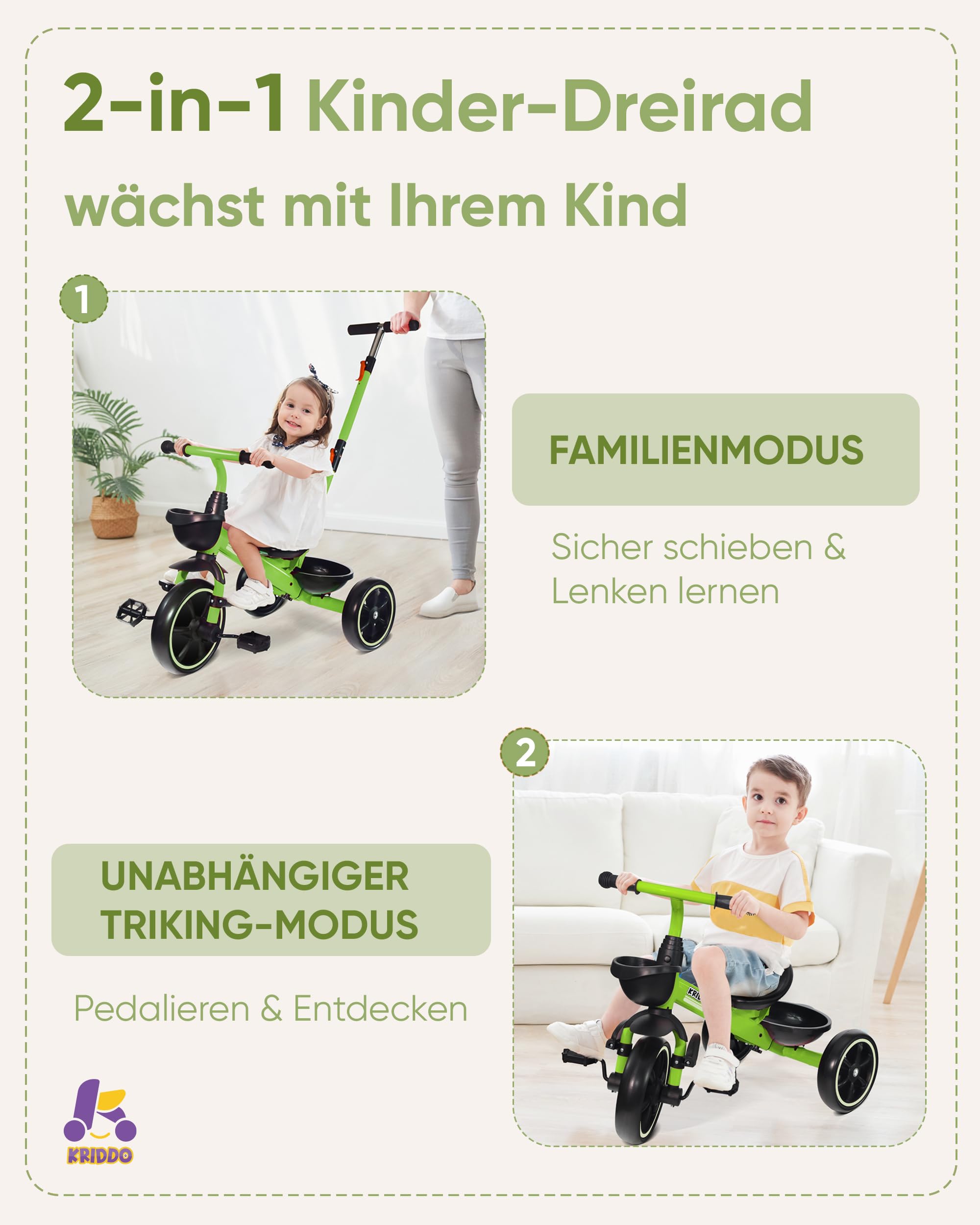 KRIDDO 2-in-1 Kinder Dreirad für 18 Monate bis 5 Jahre - mit verlängerter Schubstange für müheloses Schieben, Kinder 3-5 Jahre, Dreirad mit klappbarer Fußstütze vorne, Grün