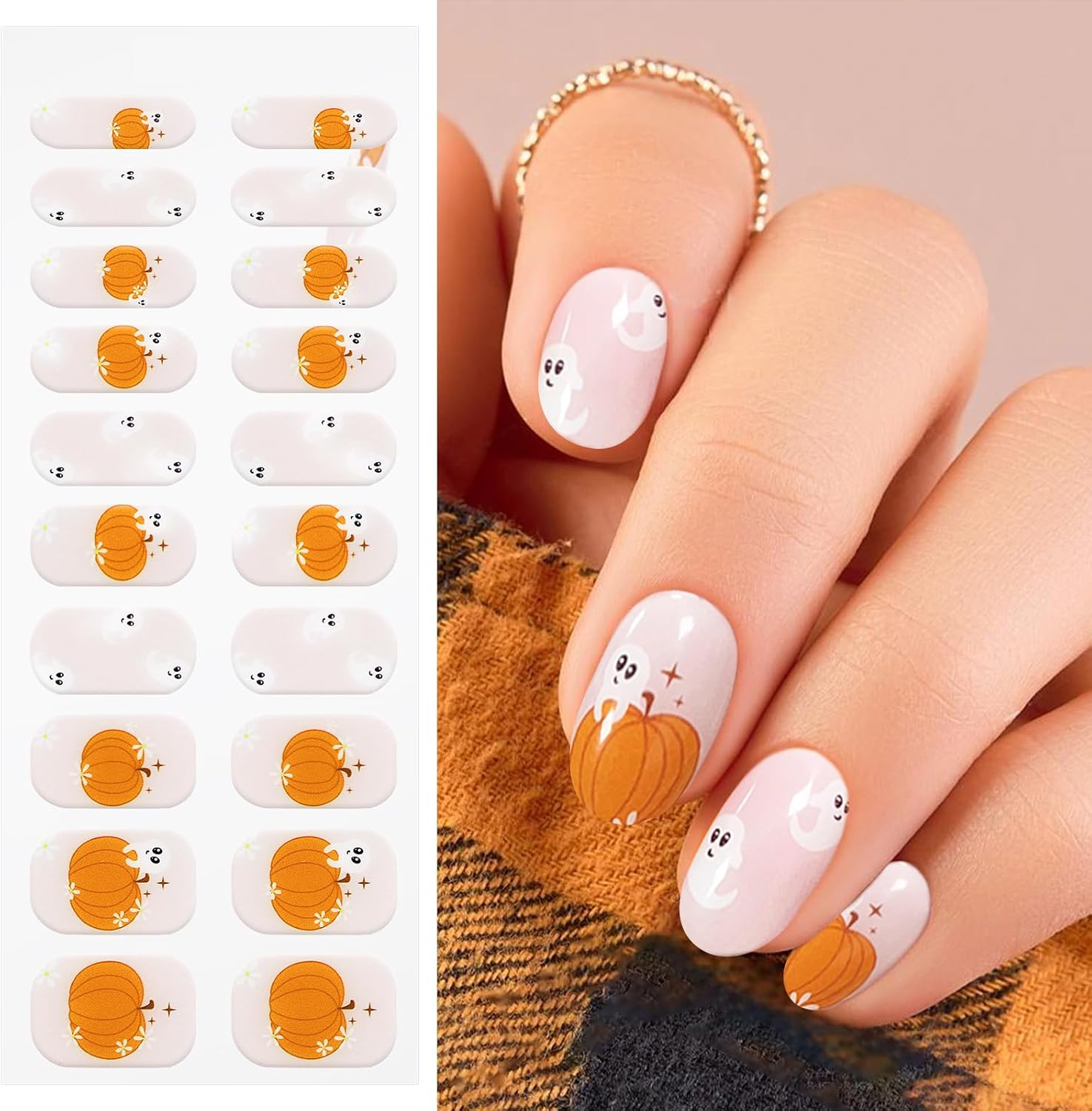 JMEOWIO Gel Nail Stickers Halloween Cute Ghost Fall Pumpkins Semi Cured Gel Nail Strips Wraps UV/LED Nails Art Design Decoration Accessories