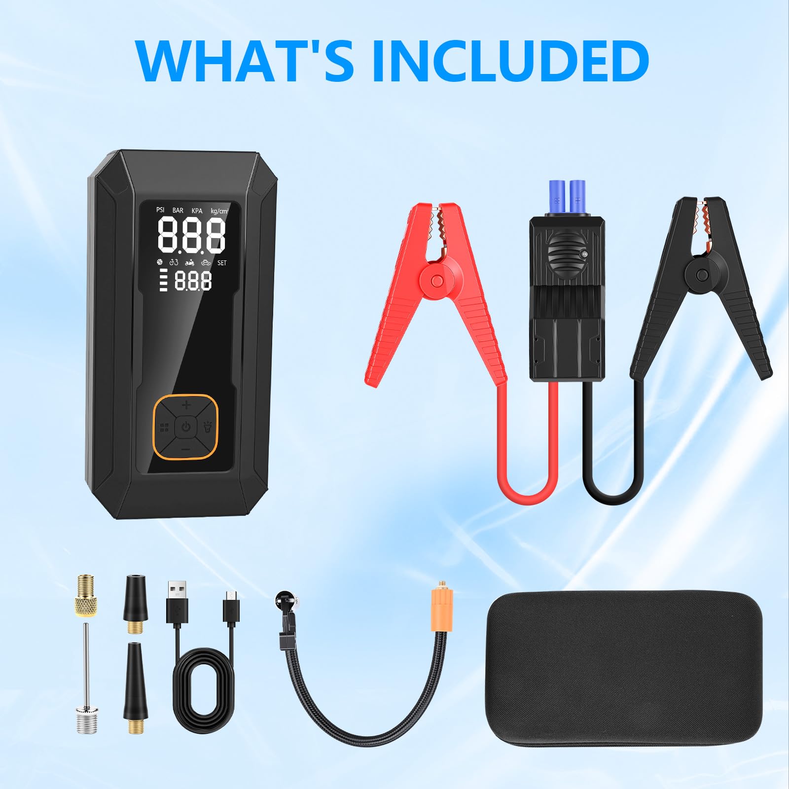 Starthilfe Powerbank für Pkw mit Kompressor 150PSI, Auto Starthilfe Powerbank für All Benzin und 8.0L Dieselmotor, 8000mAh Starthilfegerät mit Starthilfekabel, LED-Licht und LCD-Bildschirm