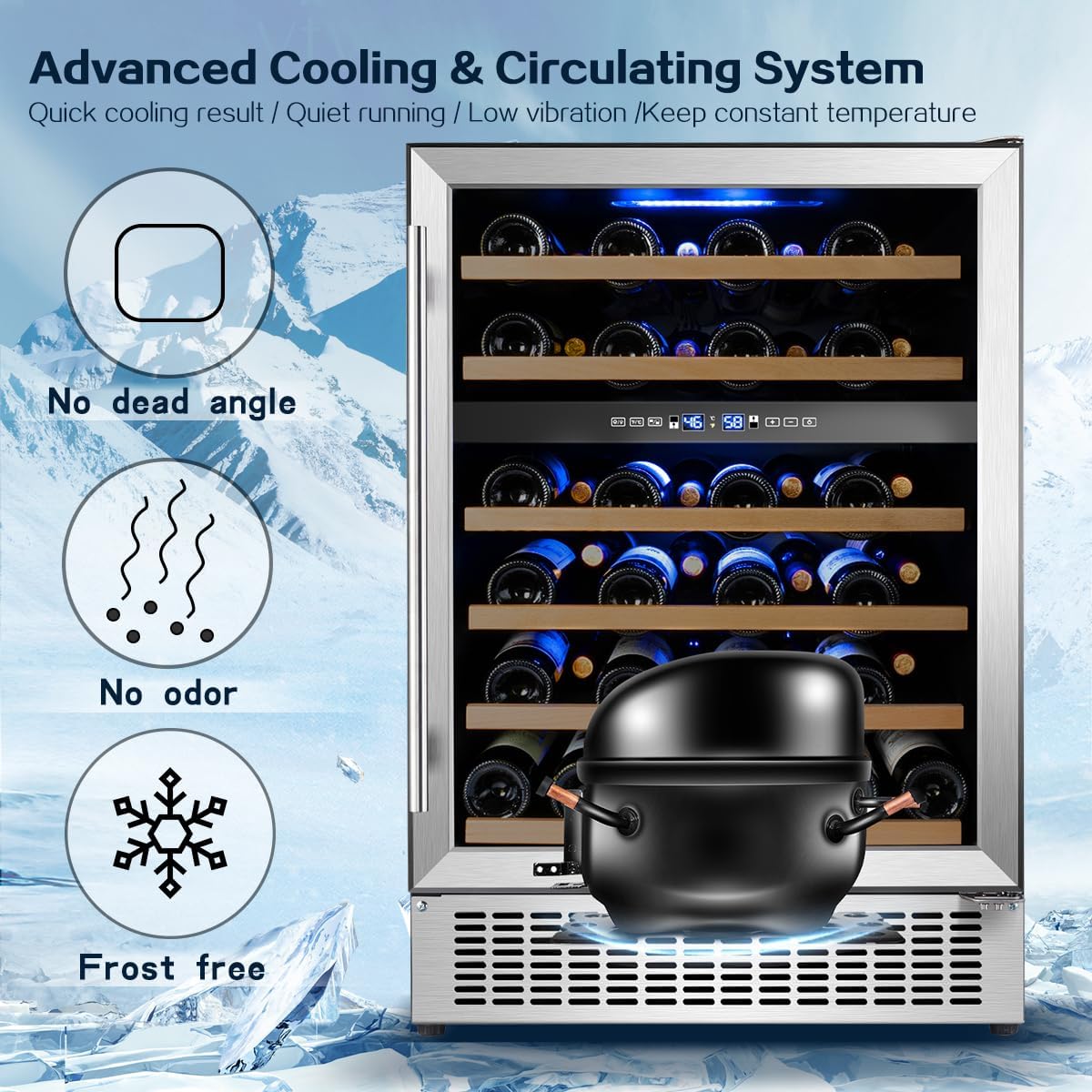 Diagram illustrating the advanced cooling and circulating system of the wine cooler, highlighting no dead angle, no odor, and frost-free features.