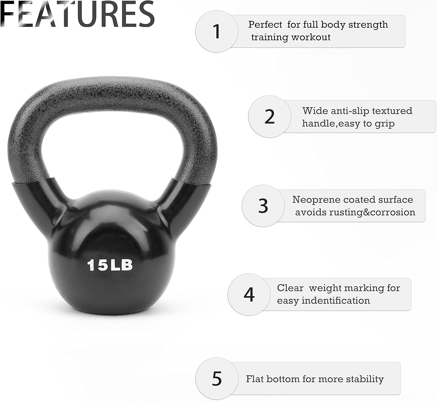 Kettlebell 10 lbs, Neoprene Coated Kettlebells, 15 Pound Kettlebell Solid Cast Iron, for Men and Women to Strength Training and Fitness (black-15lb) : Sports & Outdoors