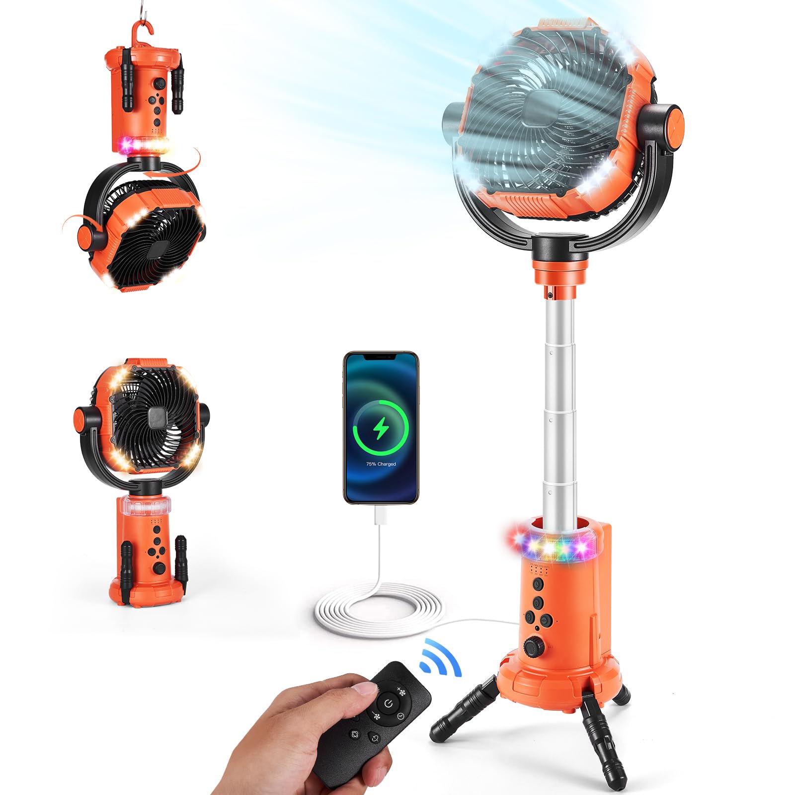 Odoland 20000mAh Camping Fan with Lantern, 360° Oscillation Rechargeable Battery Operated Outdoor Power Fan with Remote, Hook ＆ RGB Light for Camp, Family Travel and Jobsite, Orange