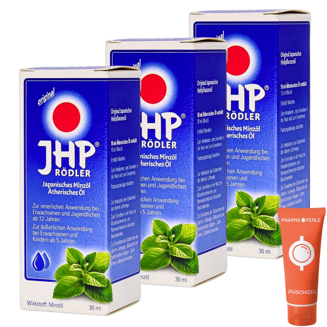Original JHP Rödler Japanisches Minzöl, 3x 30 ml I Zur Inhalation bei Atemwegsinfekten wie Erkältung und Schnupfen I Zum Einreiben in die Haut I Zum Einnehmen I Spar-Set plus Pharma Perle give-away