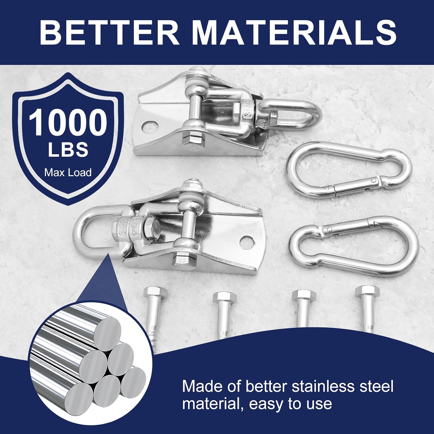 4Pcs Heavy Duty Swing Hangers Kit,304 Stainless Steel,1000 LBS Load Capacity,360° Swivel Hooks with Nylon Washers,Ceiling Mount Hardware for Porch,Hammock Chair,Yoga Swing,Punching Bag & Playground