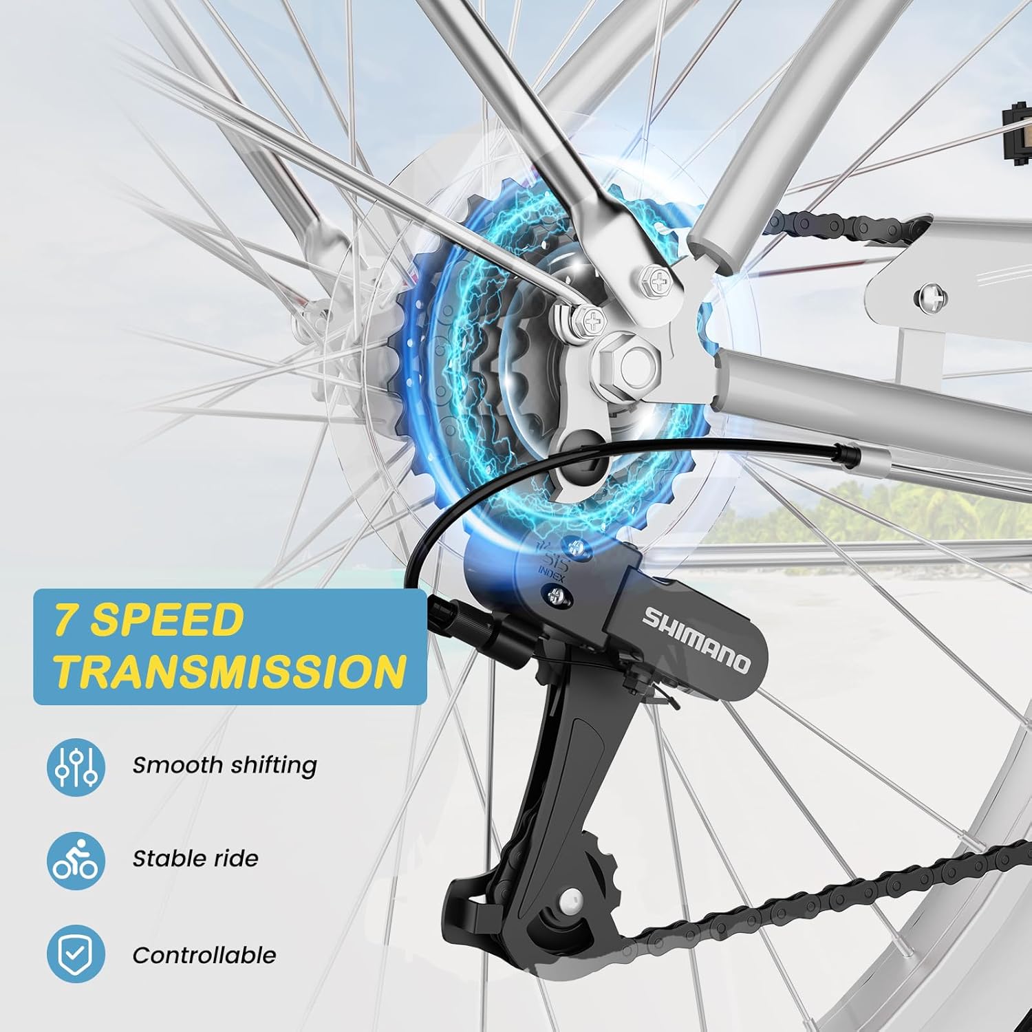 NAIZEA Beach Cruiser Bike -7 Speed Commuter Bicycle for Adult Men and Women, 24/26 Inch Wheels Comfortable City Bikes, Multiple Speed Options and Colors