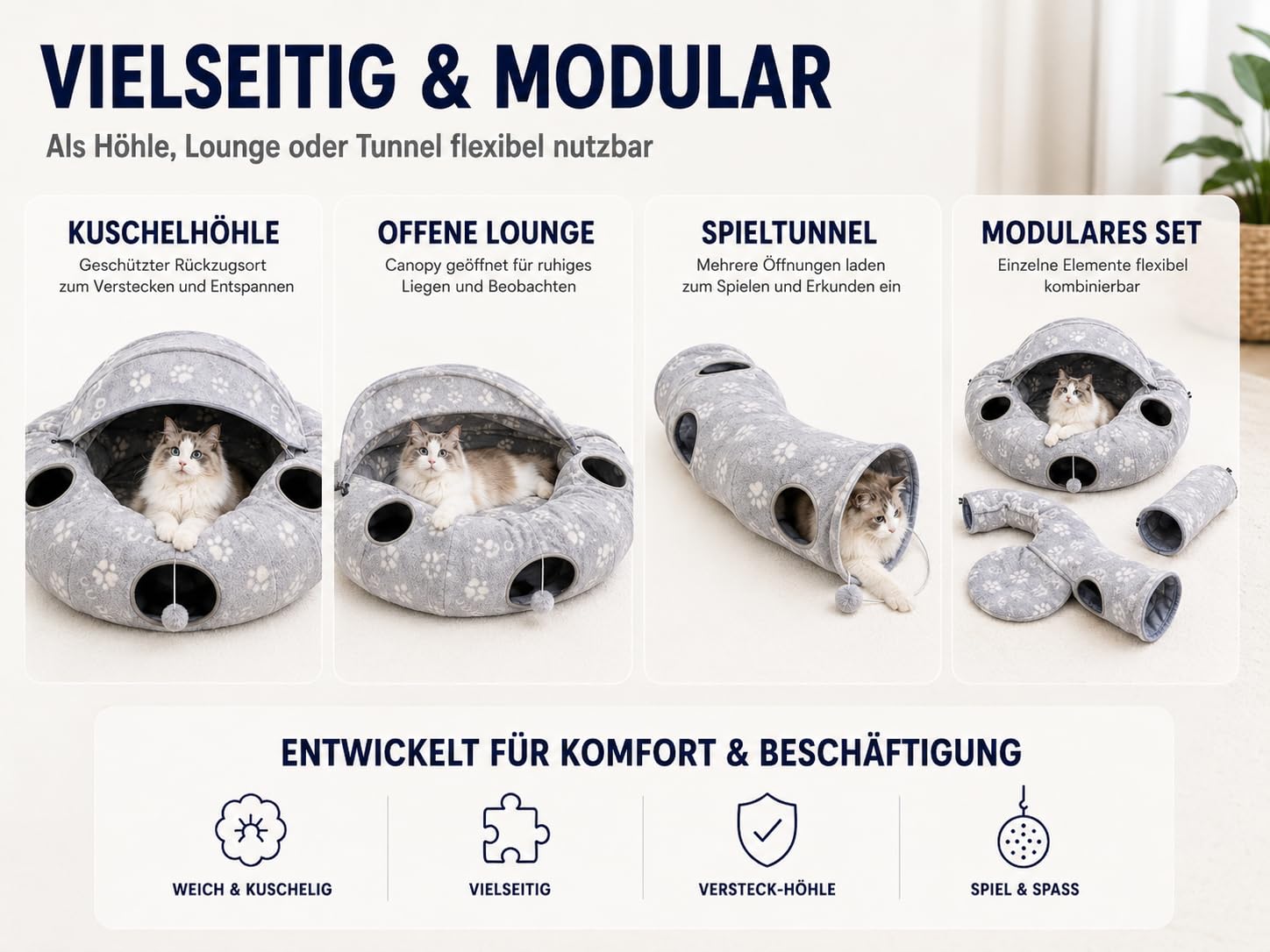 Katzentunnelbett, Katzentunnel für Indoor-Katzen, Katzen-Donut-Tunnel-Spielzeug mit waschbarem Kreiskissen, gerader geformter Tunnel, 4 Flauschige Bälle,selbstleuchtend.