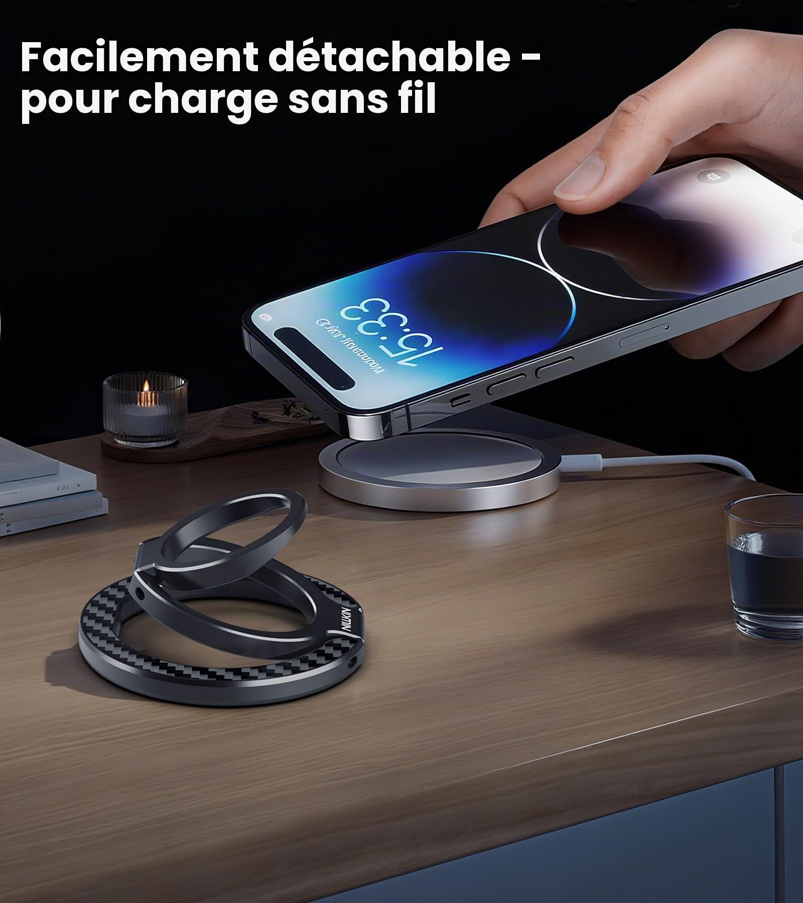 Nillkin Support Anneau Smartphone en Fibre d’Aramide – Magnétique Double Face & MagSafe, Rotation 360° avec Double Axe, Support & Grip pour iPhone/Samsung/Pixel, Accessoires MagSafe – Noir