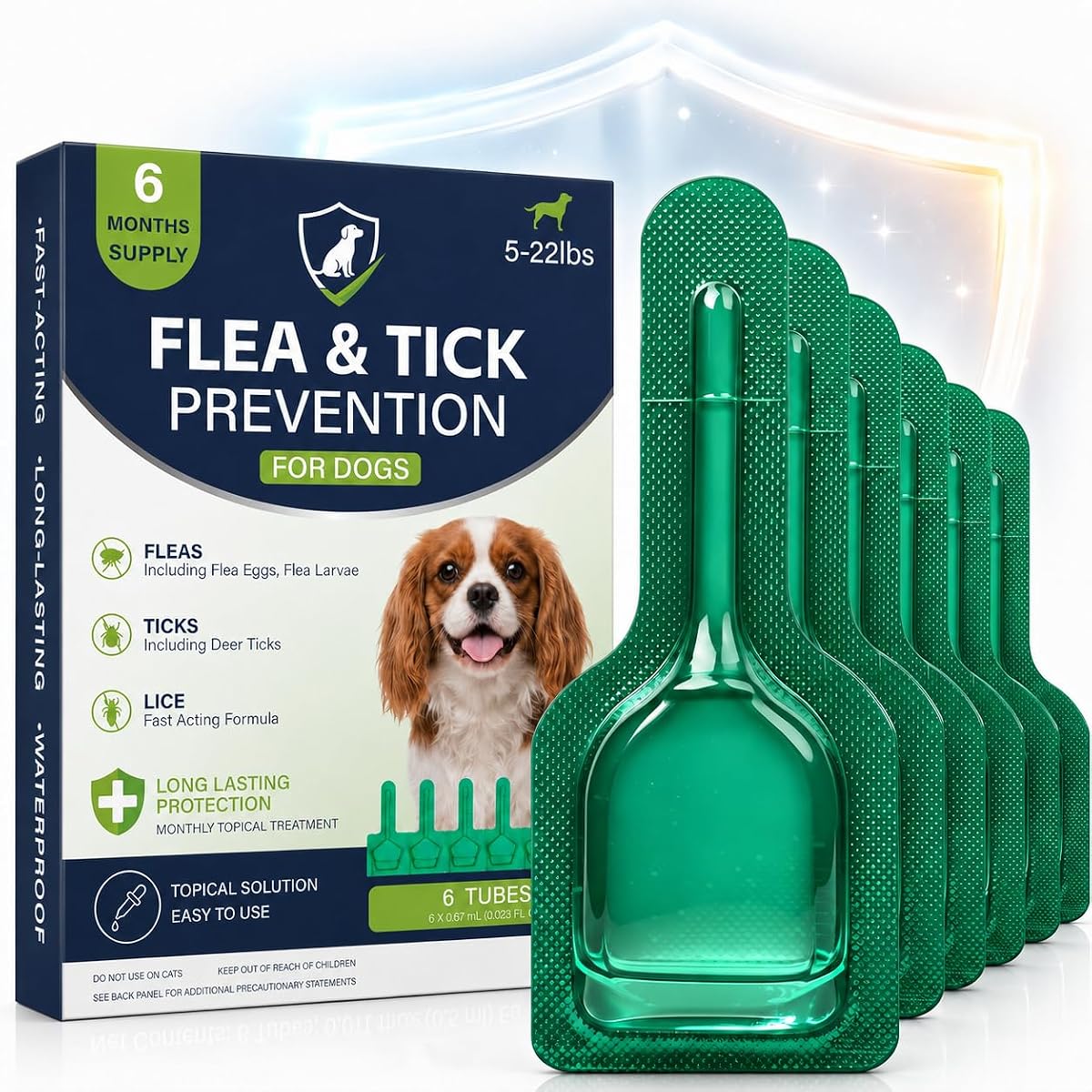 Pulgas y garrapatas para perros, preventivo tópico impermeable para perros pequeños y cachorros (5-22 libras, 8 semanas o más), suministro de 6 dosis