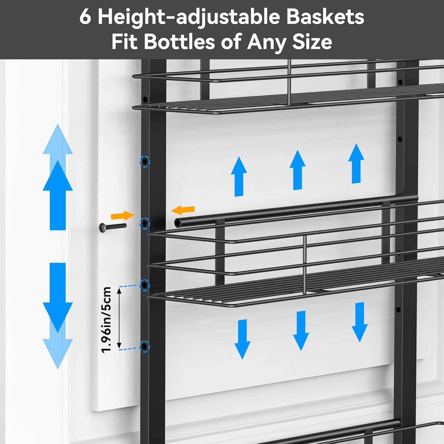 6-Tier Over The Door Spice Rack, Large-Capacity Adjustable Hanging Pantry Organizer 3 Size Baskets, No-Sway No-Drill Door Mount, Heavy-Duty Rustproof Steel, 15.75″ Wide, Black