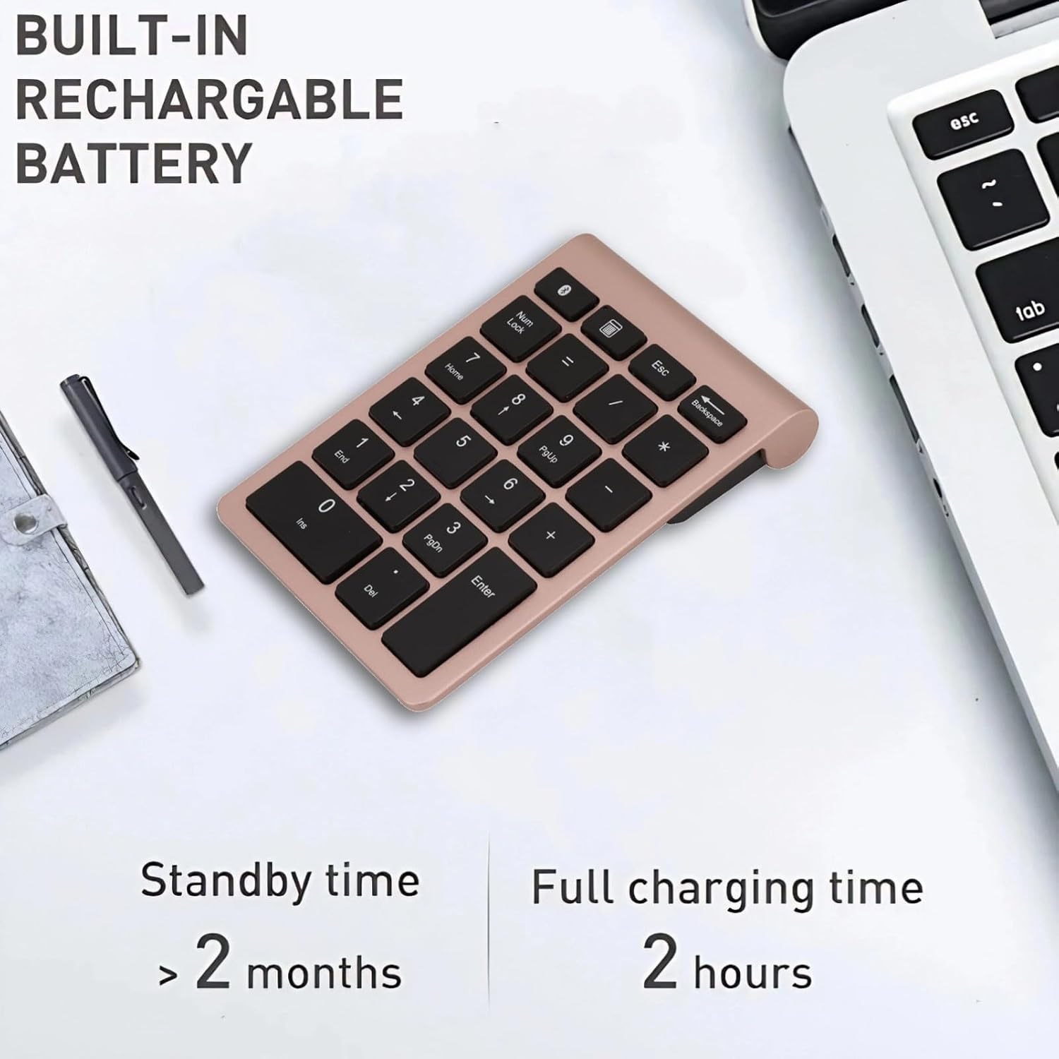 Wireless Number Pad Rose Gold Ultra Thin Numeric Keypad Fast Rebound Speed Mini Keyboard Portable 5.0 Bluetooth for Laptop PC Computer
