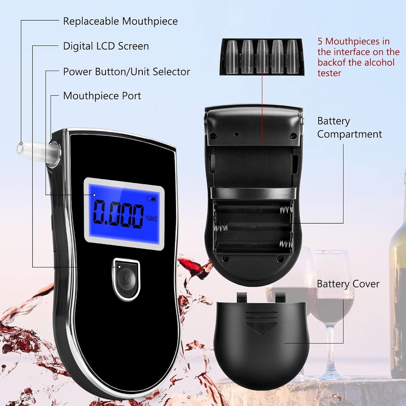 Alcoholímetro, Alcoholímetro Portátil De Alta Precisión con 5 Boquillas Y Pantalla LCD Digital, Filtro Incorporado Y Fácil De Operar para Uso Personal Profesional