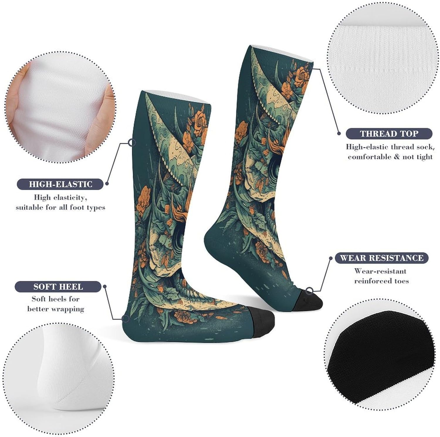 Asian Dragon Skull Crew Socks Calf Socks Athletic Crew Sock
