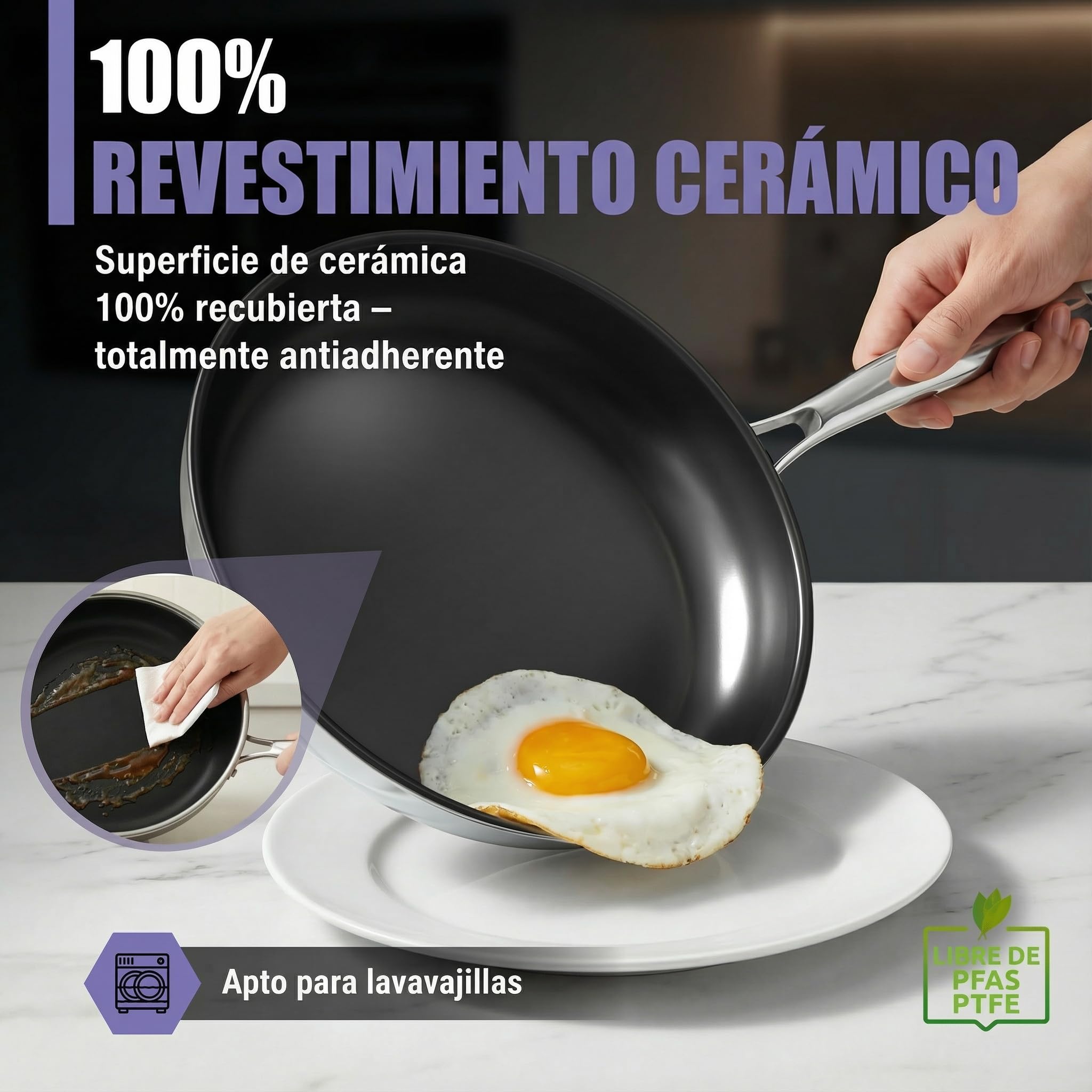 Sartén cerámica de 32 cm, revestimiento cerámico | 5 capas - 3 mm - 1,67 kg |para inducción, antiadherente, sin PFAS ni PTFE | Apta para lavavajillas y horno hasta 250 °C