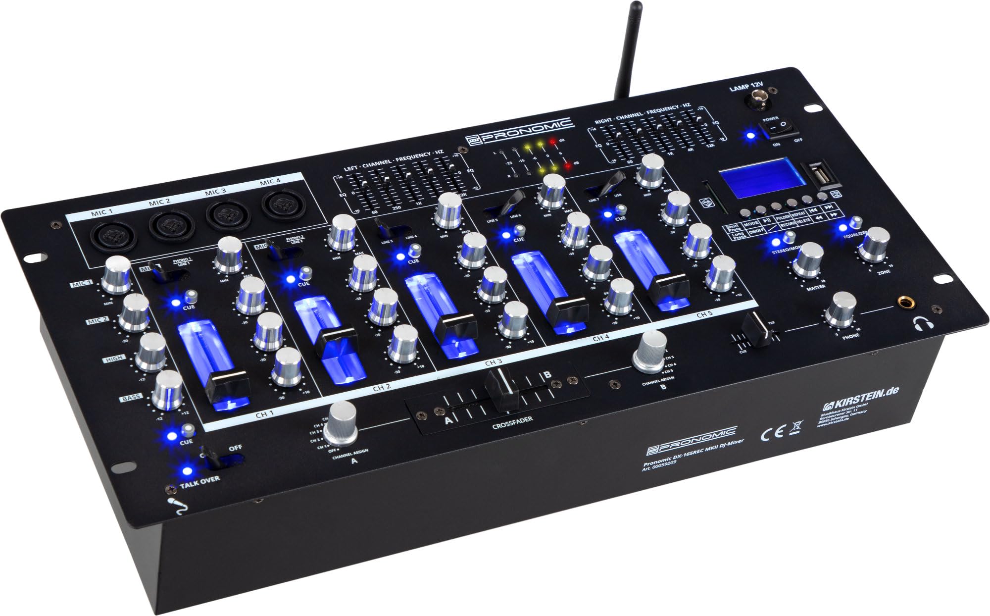 Pronomic DX-165REC MKII DJ-Mixer - Mixeur 5 canaux avec lecteur USB/SD/Bluetooth - Fonction Cue - Fonction enregistrement - 4 entrées micro - Égaliseur graphique