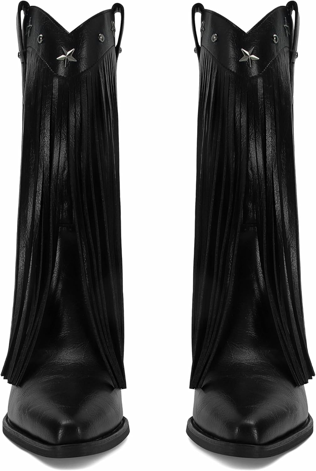 Fringe Cowboy Boots for Women Mid Calf Cowgirl Boots with Star Studded Pointed Toe Pull on Chunky Heel Western Boots - Image 4