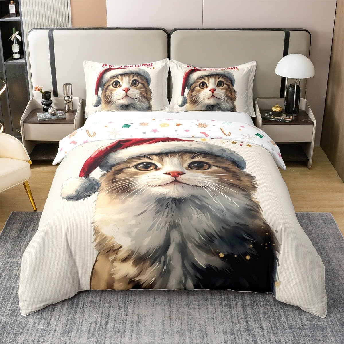 Loussiesd Pojedynczy rozmiar uroczy kot bawełniana poszewka na kołdrę zestaw dla dzieci chłopców dziewcząt Merry Christmas zestaw poszewek na kołdrę Boże Narodzenie czapka Świętego Mikołaja poszewka