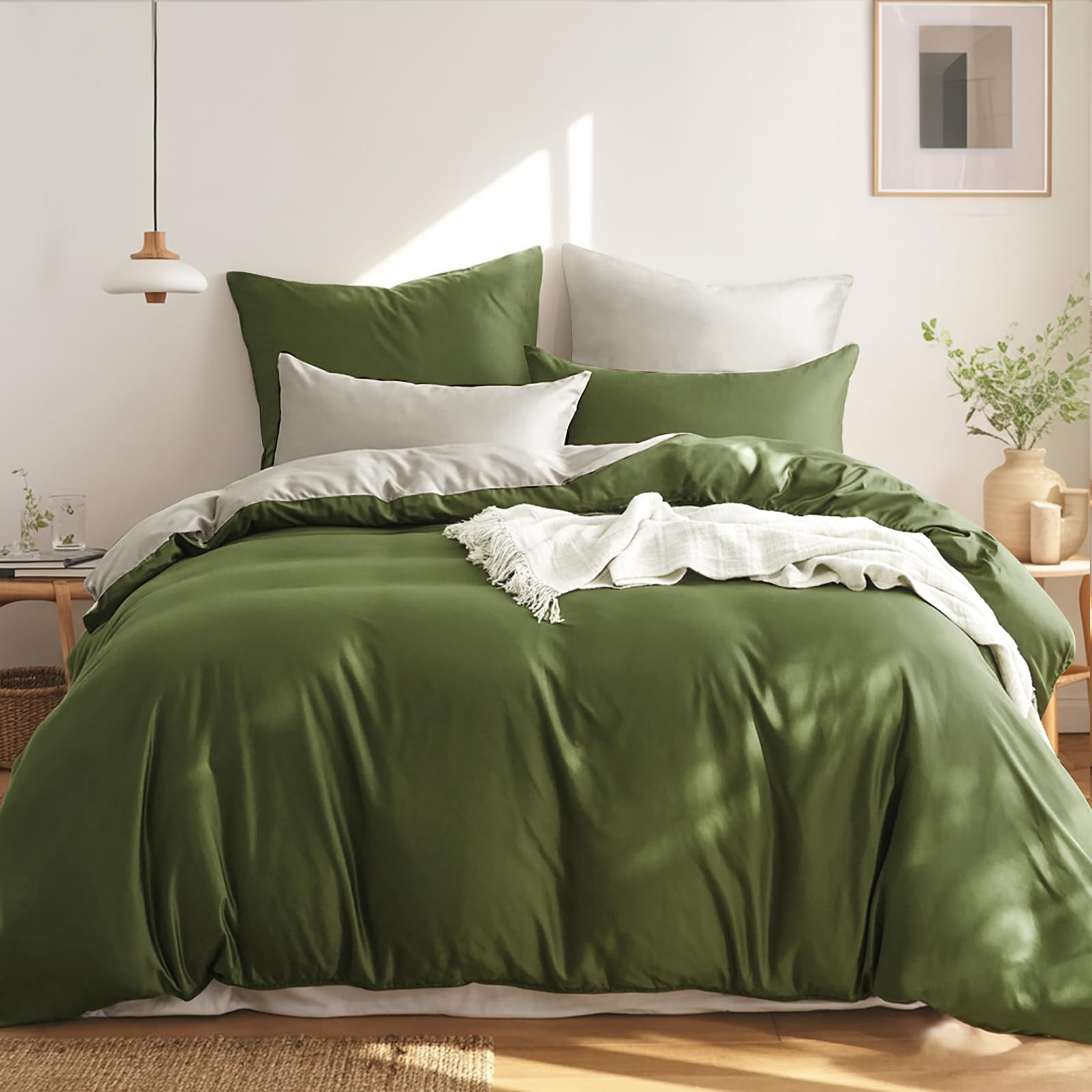 RUIKASI Bettwäsche 200x220 Baumwolle Grün - Olivegrün Bettwäsche-Sets 200x220cm 3teilig Wendebettwäsche 3tlg mit Reißverschluss, zweifarbige Bettbezug Set Grün und Beige Cotton