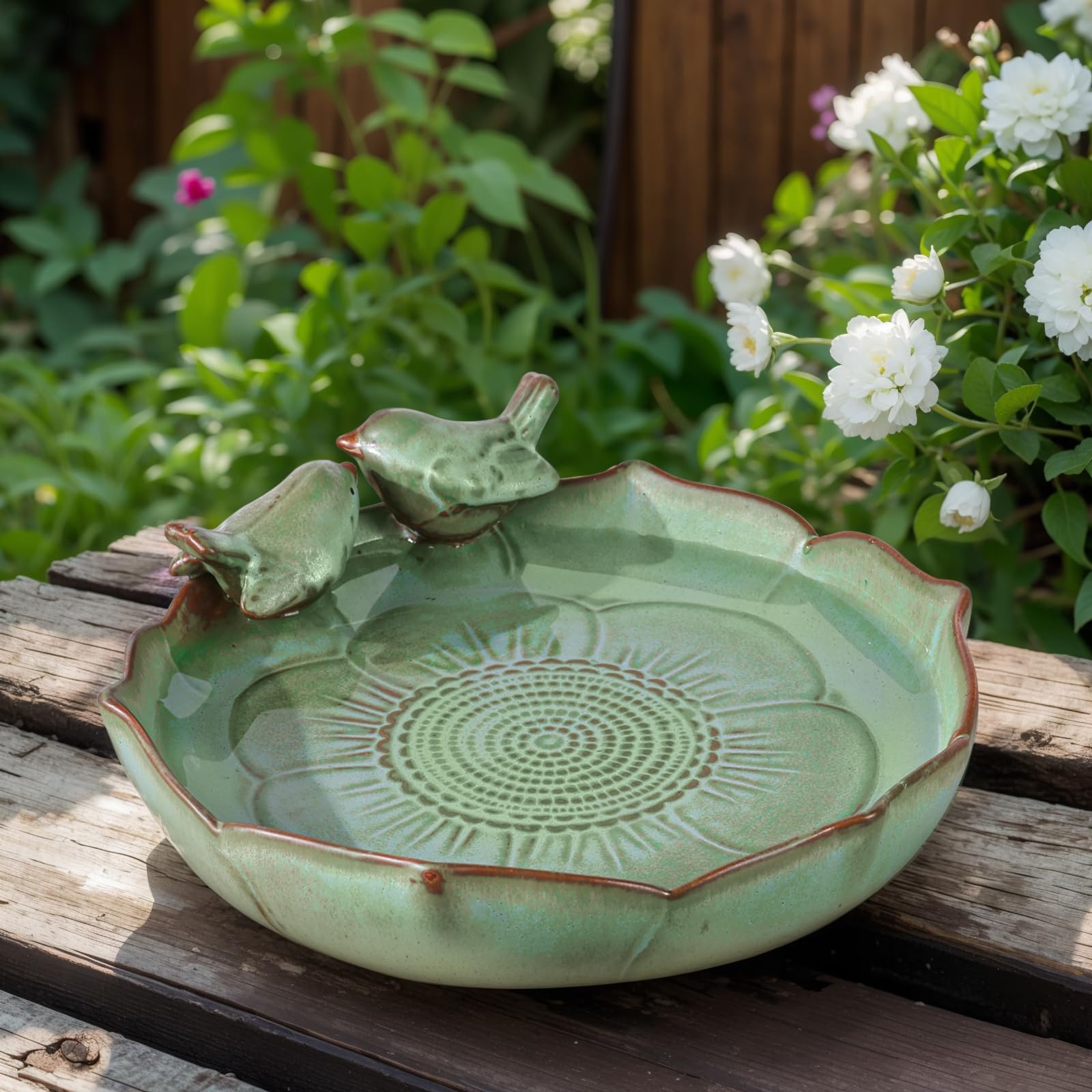 Baignoire pour oiseaux en céramique pour l'extérieur – 24,9 cm – Bol de bain pour oiseaux vert robuste uniquement, mangeoires à oiseaux au sol et gamelle d'eau pour oiseaux, jardin, patio
