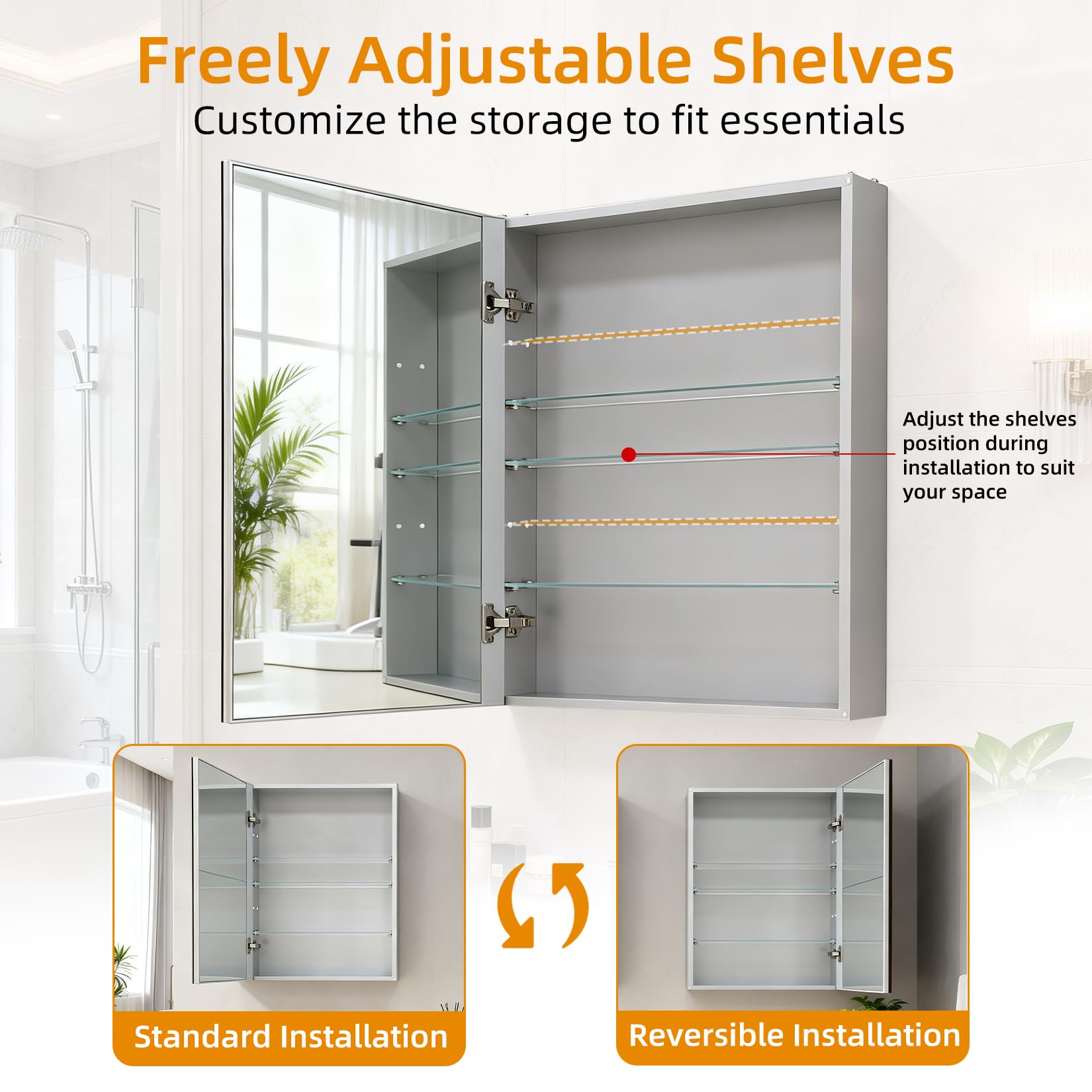 Botiquín de baño de 80 x 60 cm con espejo, marco de aluminio, ligero, resistente y atractivo, apto para empotrar o montar en la pared, estantes ajustables, vidrio templado