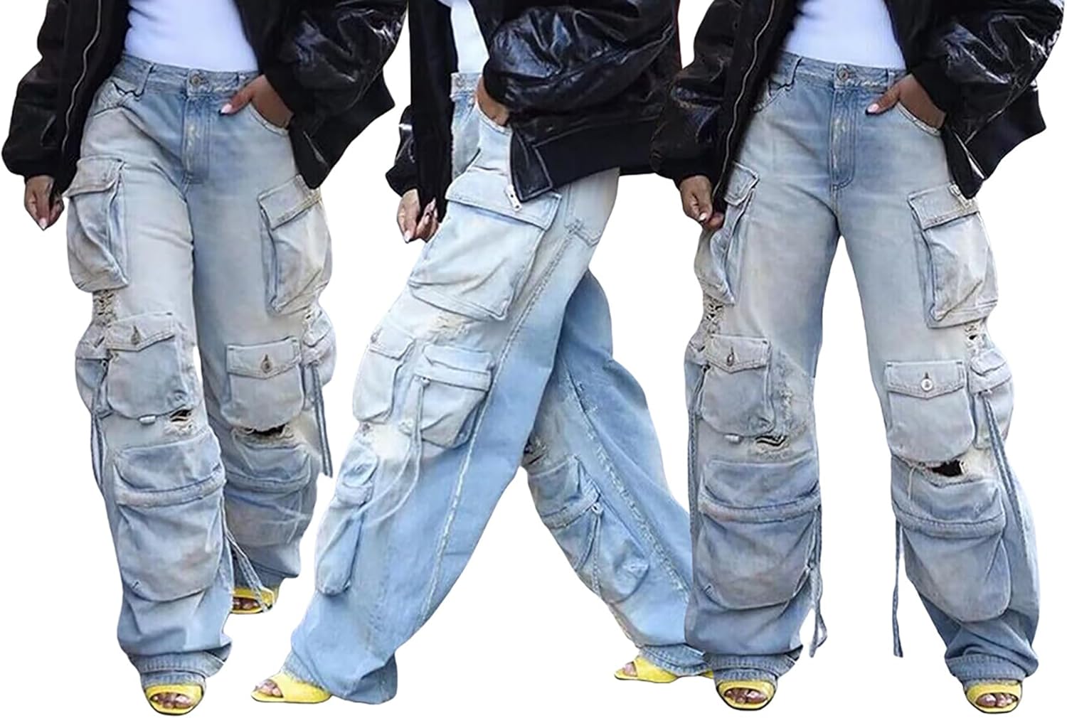 YOOTIKO Womens Baggy Jeans Cargo Pants Y2K High Waisted Distressed Street Denim Wide Leg Trousers with Pockets - Image 4