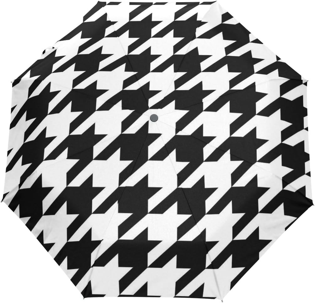 Ethel Ernest Black And White Houndstooth Pattern Folding Windproof Umbrella Waterproof Auto Foldable Umbrella