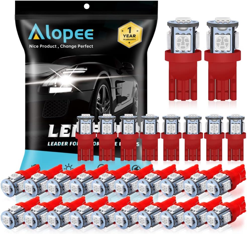 Alopee 30-Pack 194 LED Bulb Red DC 12V T10 Wedge LED Bulb 5SMD 5050 Chips Replacement for 168 W5W 158 501 2825 Interior Car Lights Map Dome Door Trunk Light