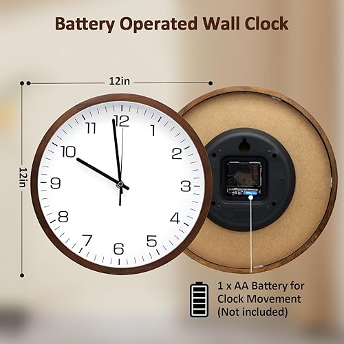 Miniatura 5 de MEIRED Reloj de pared de madera de 12 pulgadas, silencioso, sin tictac, funciona con pilas, analógico, retro, redondo, decorativo, para cocina,