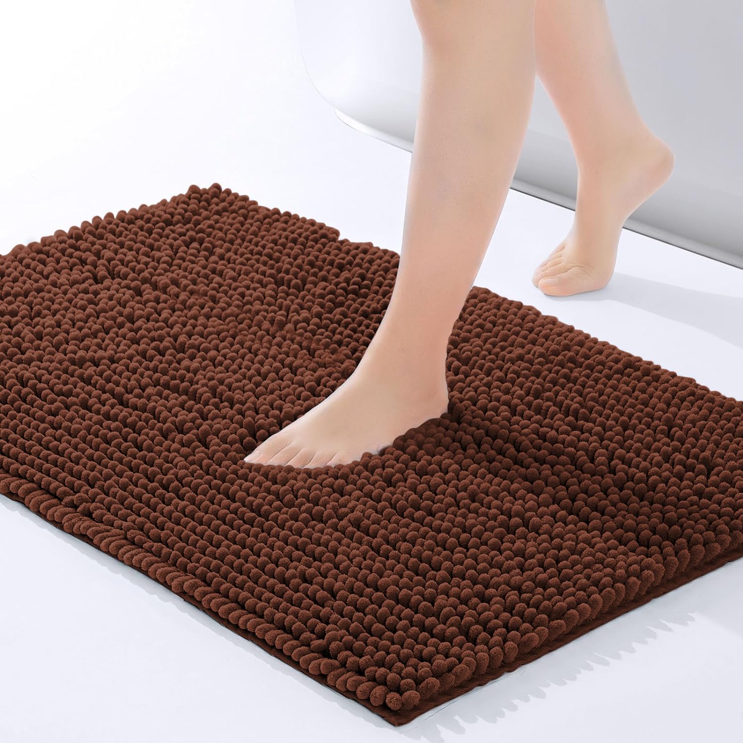 Hafaa Bath Mat Non Slip Anti Mould – Brown Chenille Bathroom Mat 40 x 60 cm Machine Washable Bath mats Super Absorbent Extra Soft Fluffy Shower mat