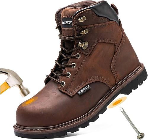 Botas de seguridad para el trabajo para hombres, duraderas, de cuero de caballo loco, punta de acero indestructible, impermeables y antideslizantes,