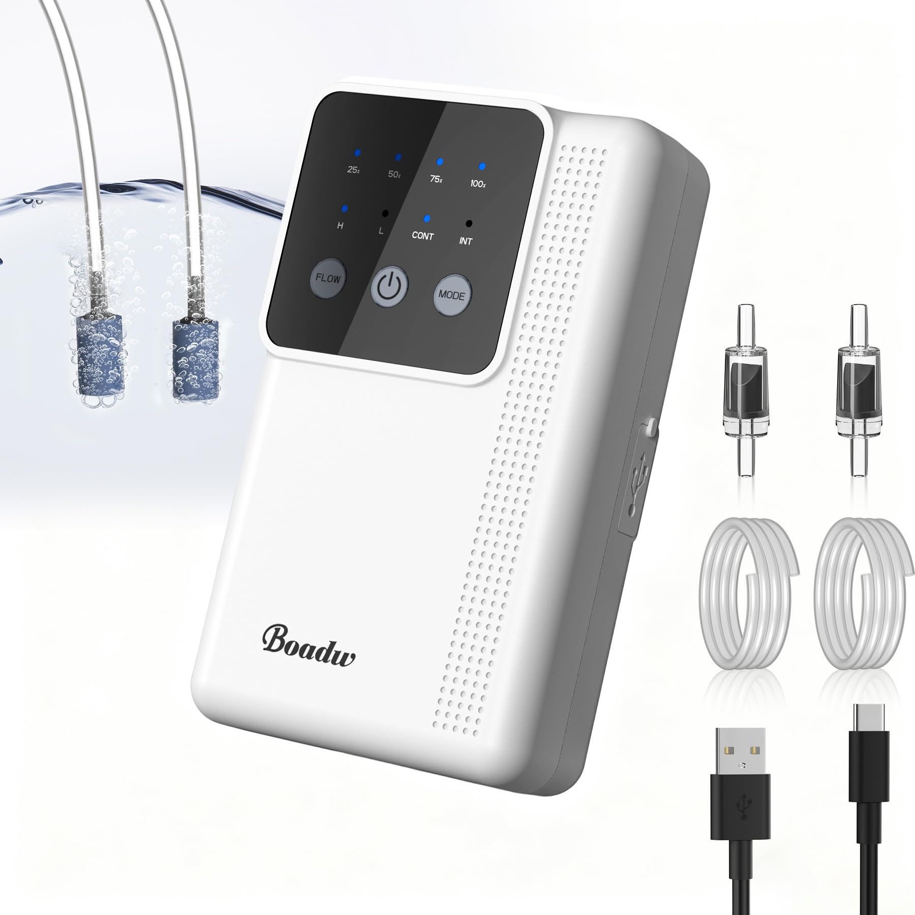 Boadw Luftpumpe Aquarium, Sauerstoffpumpe Aufladbar mit 2200 mAh Akku für Outdoor Angeln und Stromausfall, Sauerstoff Aquarium Einstellbarer Luftstrom leise <40db - Weiß